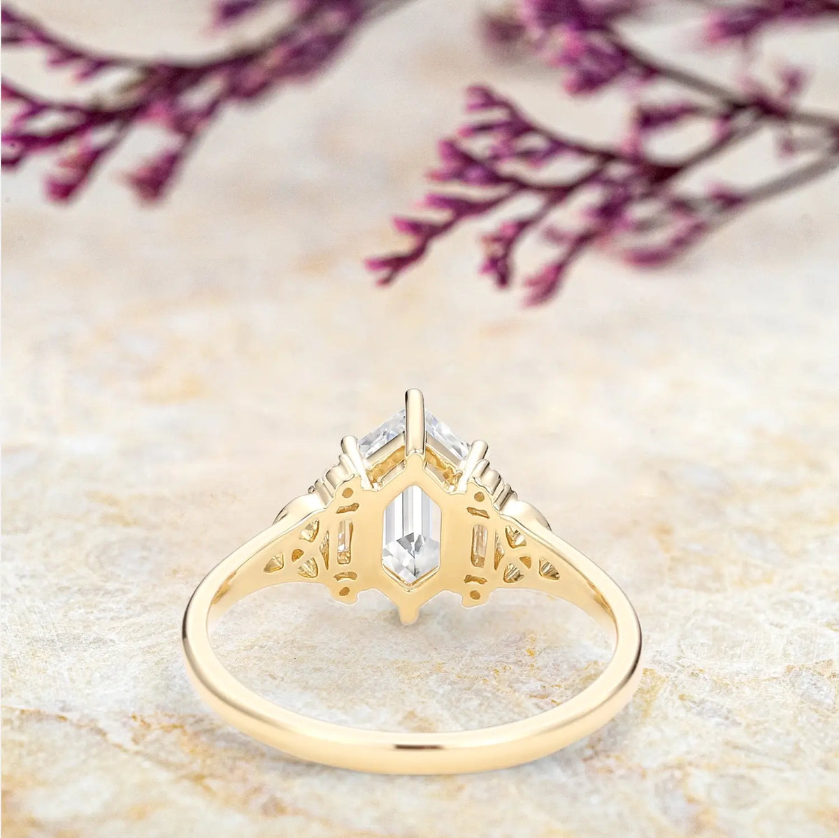Hexagon Moissanite Floral Gold Engagement Ring | Handmade Jewelry orleone