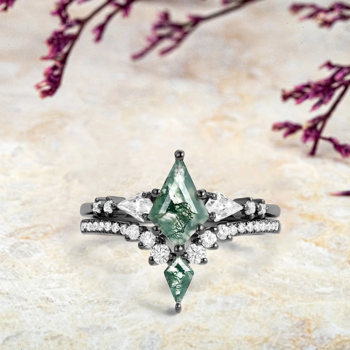 Kite Cut Moss Agate Black Gold Engagement Ring Set custom anniversary rings for women promise gift