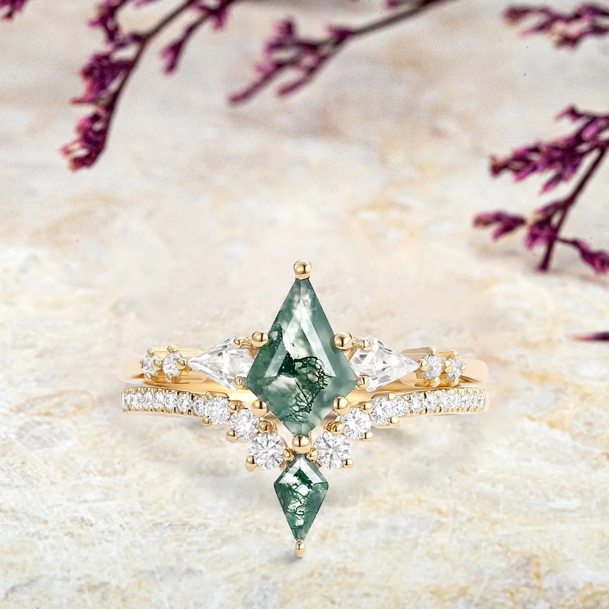 Kite Cut Moss Agate yellow Gold Engagement Ring Set custom anniversary rings for women promise gift