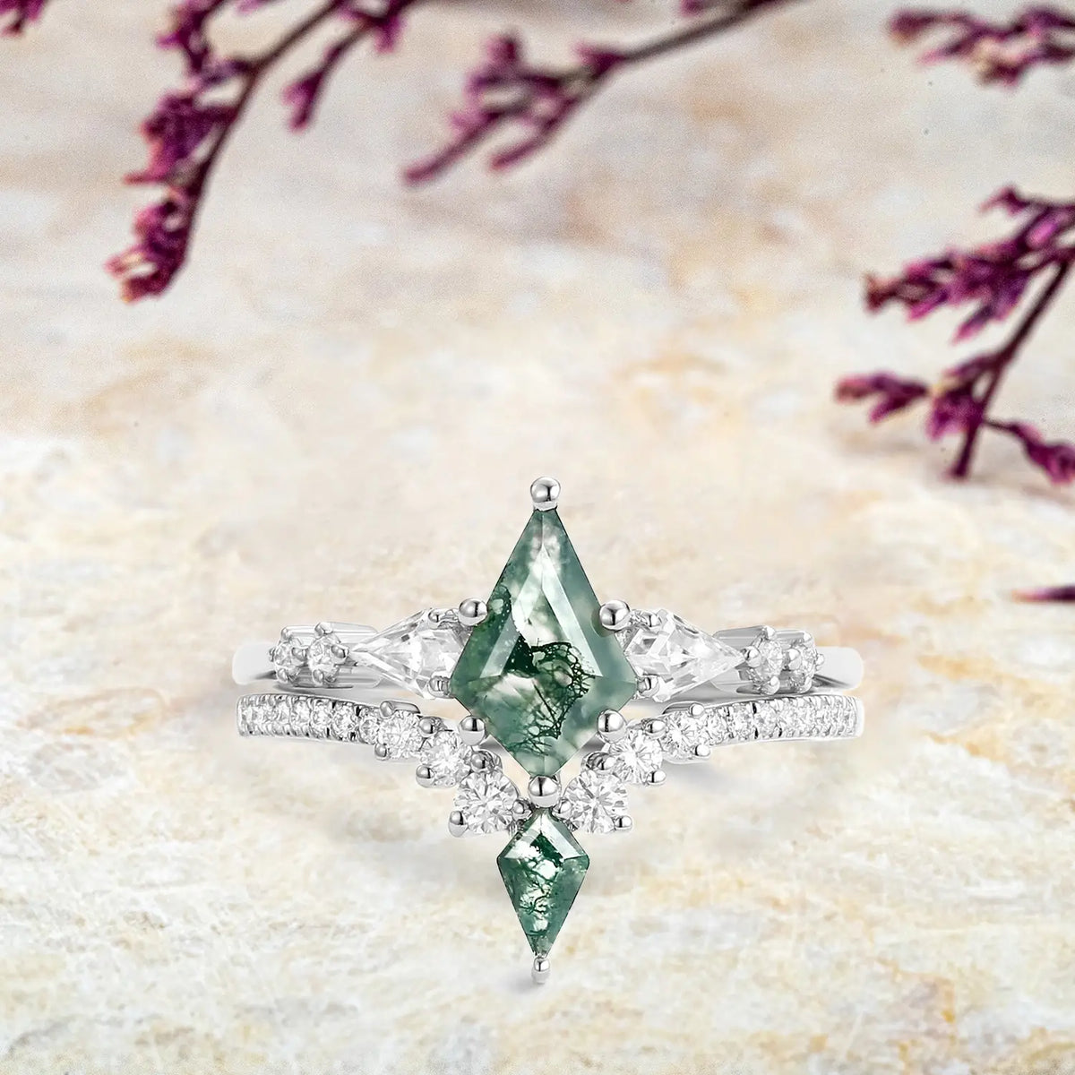 Kite Cut Moss Agate white Gold Engagement Ring Set custom anniversary rings for women promise gift
