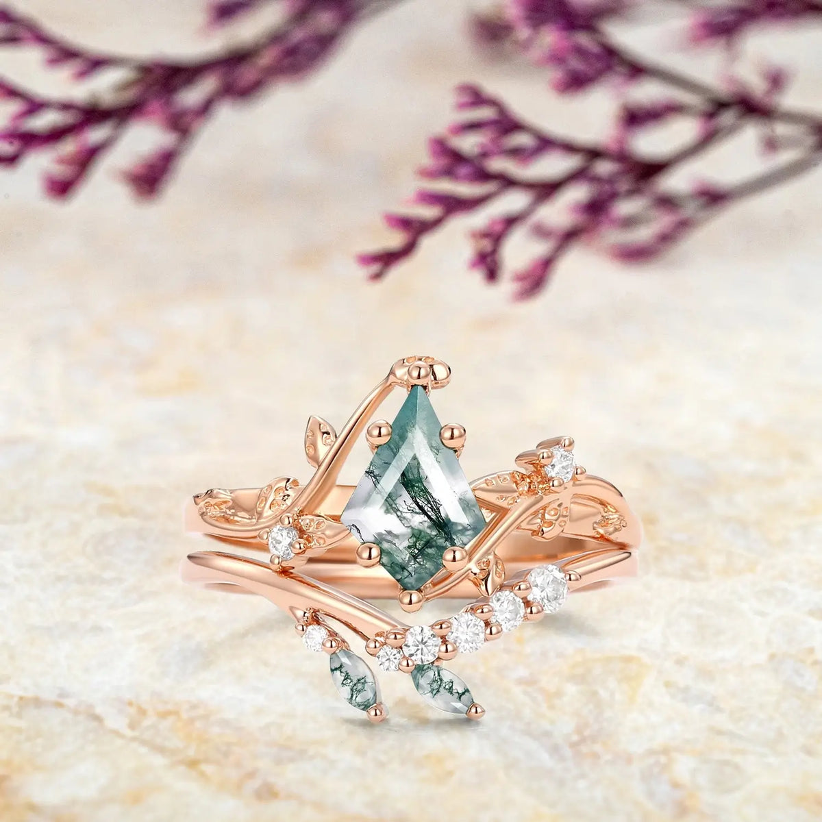 Verdant Leaf Ring - Kite Moss Agate Vine Engagement Ring Set in Gold orleone custom anniversary gift