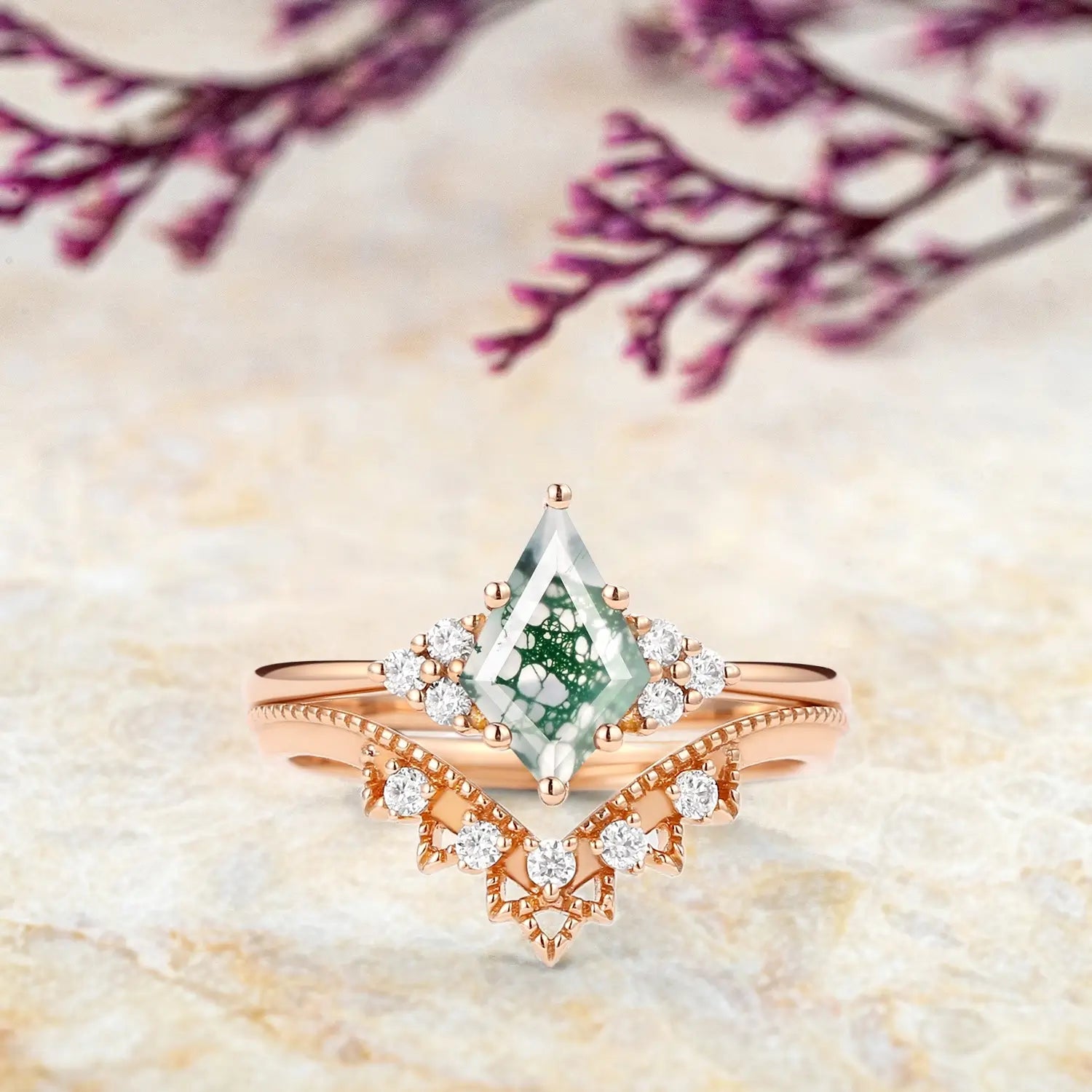 Vintage Cluster Moss Agate Engagement Ring Set orleone custom yellow gold ring for women promise gift