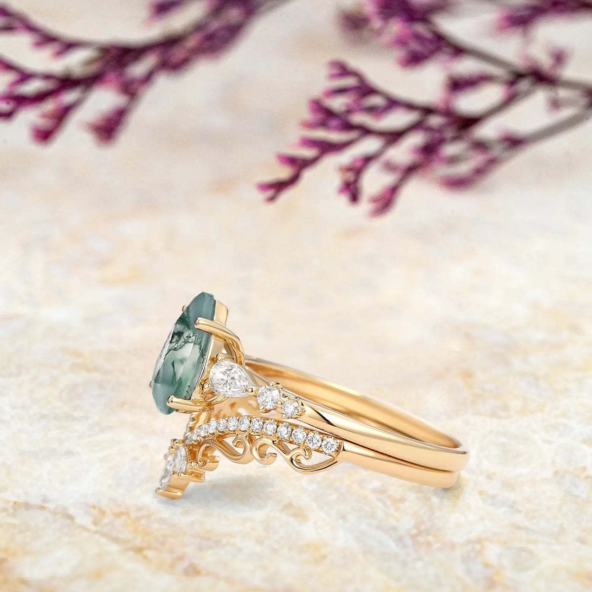 Signature Vintage Pear Moss Agate Ring Set  orleone jewelry