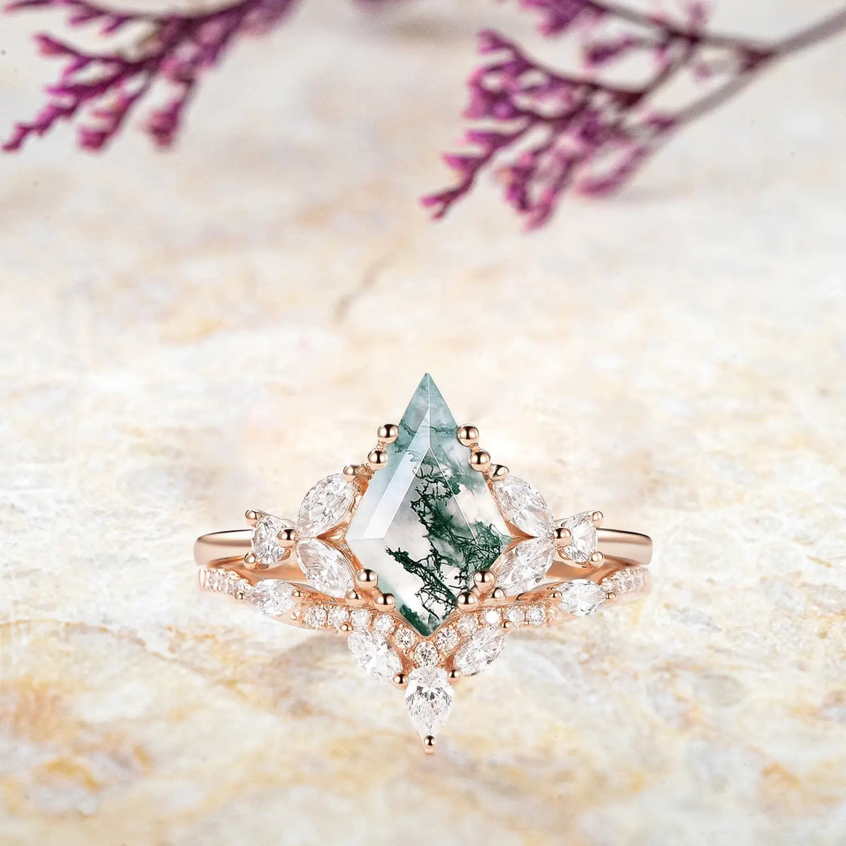 Sylvan Crown Moss Agate Cluster Ring Set – Unique Artistic Engagement Rings rose gold wedding ring