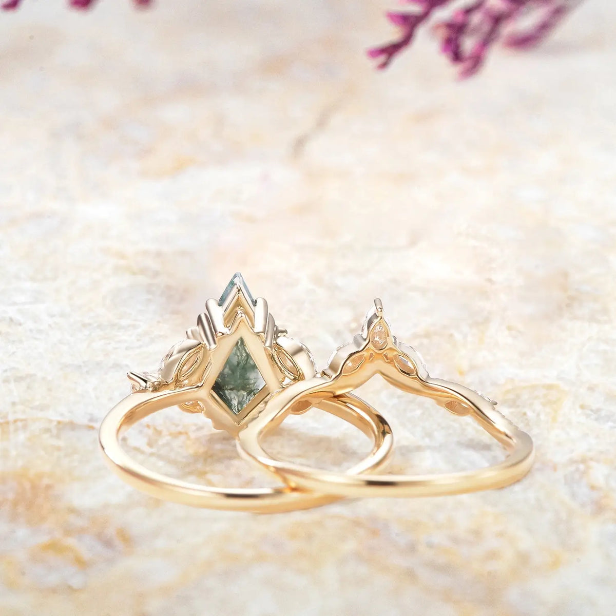 Sylvan Crown Moss Agate Cluster Ring Set – Unique Artistic Engagement Rings rose gold wedding ring