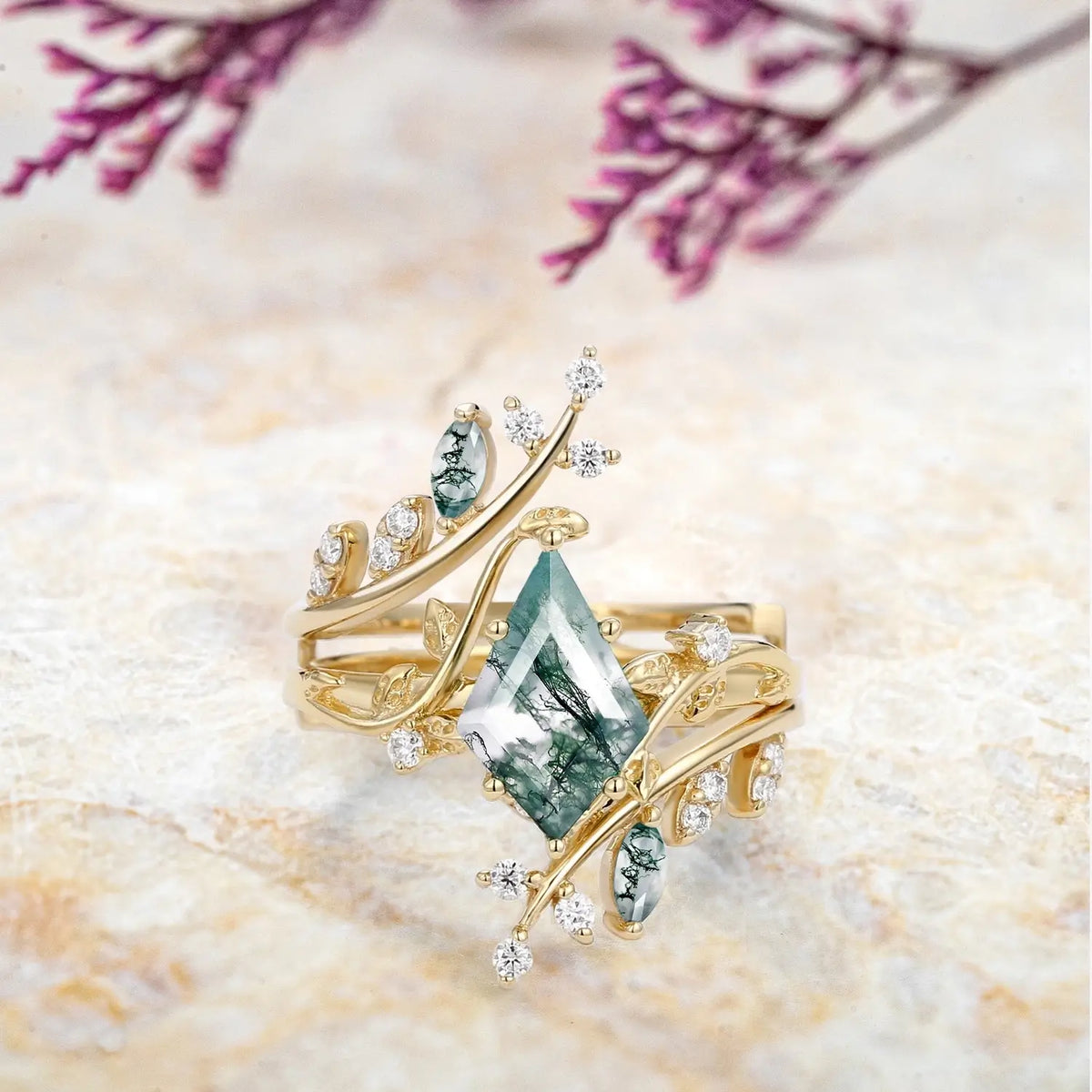 Forest Cage Moss Agate Leafy Ring Set – Unique Luxury Art Engagement Rings