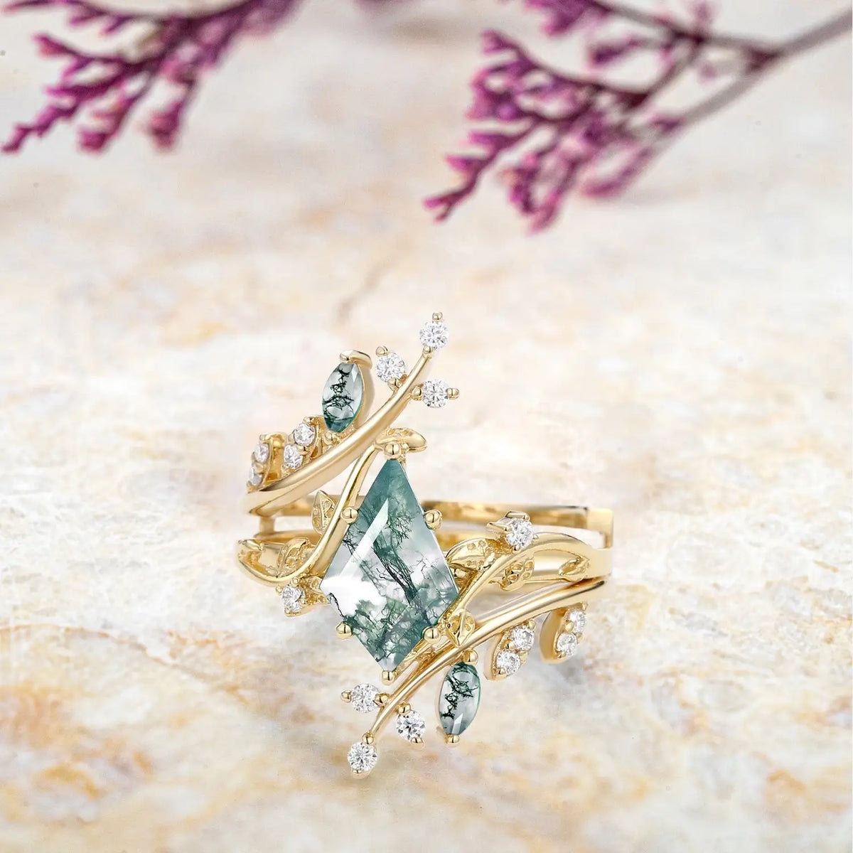 Forest Cage Moss Agate Leafy Ring Set – Unique Luxury Art Engagement Rings