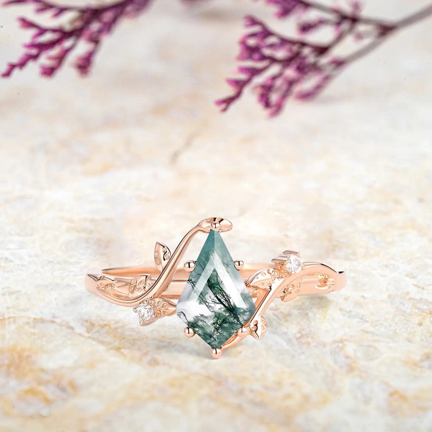 rose gold  Nature-Inspired Moss Agate Engagement Promise Ring kite cut gemstone