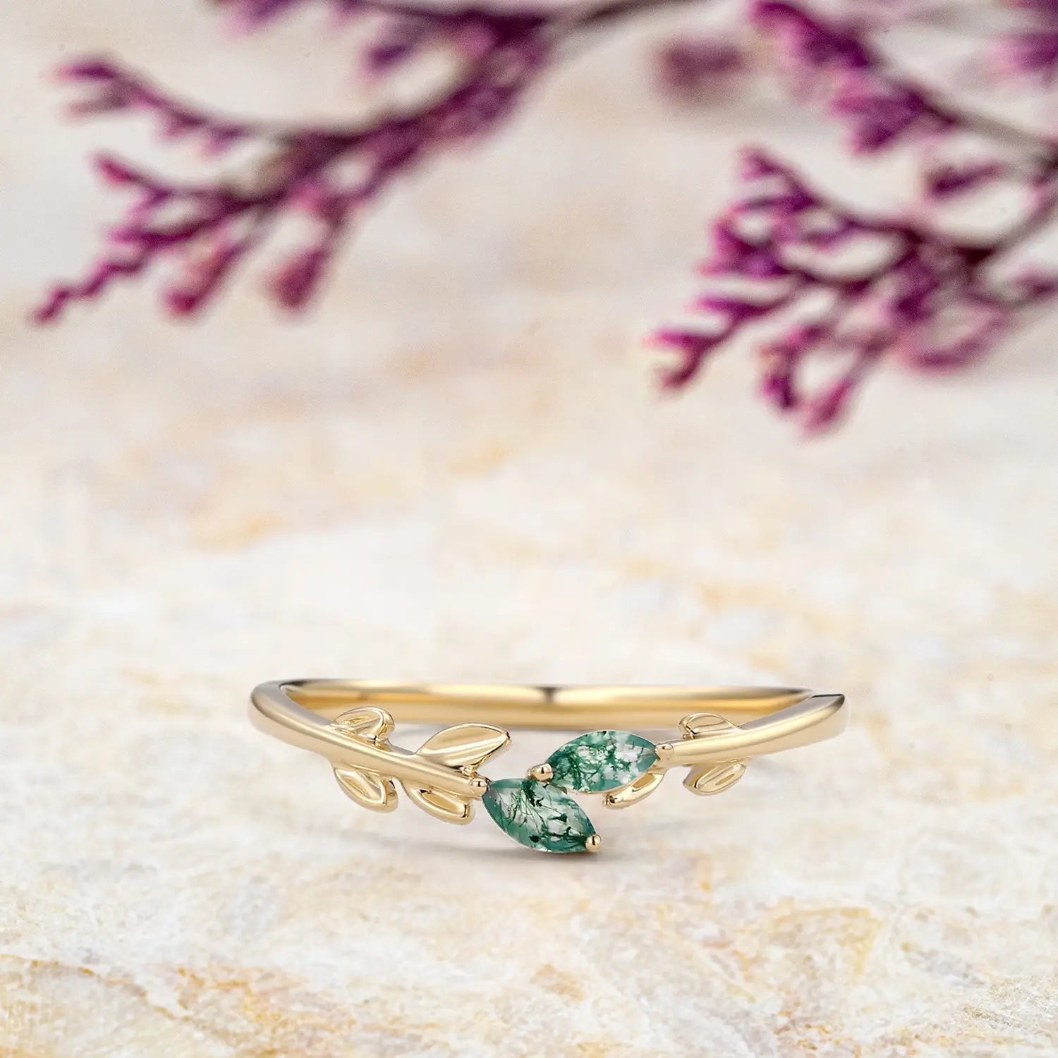 Moss Agate Leafy Matching Wedding Band in Yellow Gold