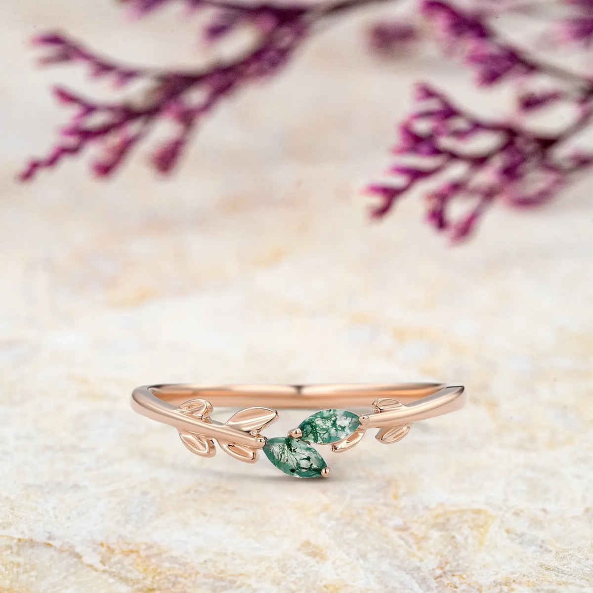 Moss Agate Leafy Matching Wedding Band in Yellow Gold-rose gold