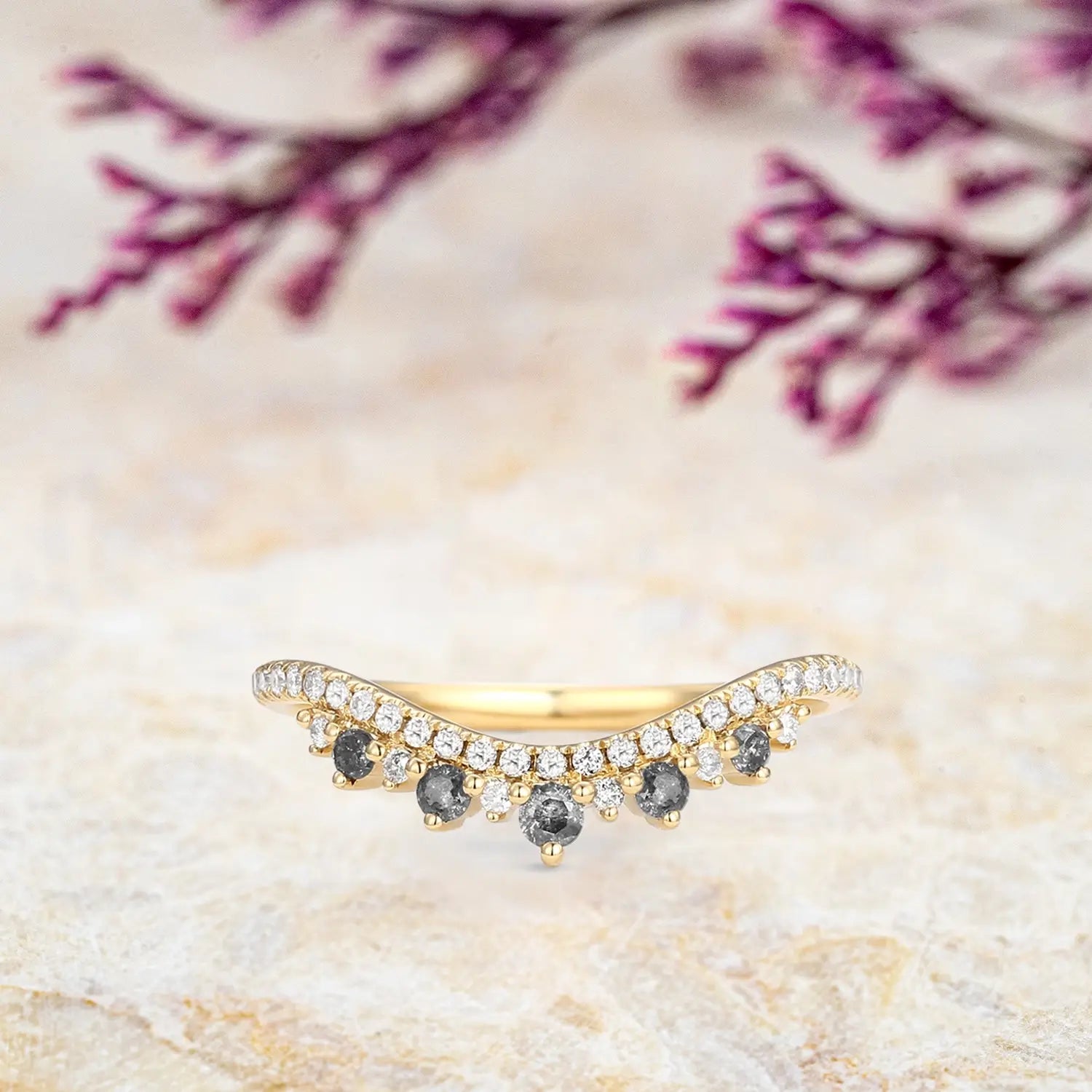 Salt and Pepper Diamond Chevron Wedding Band in 18k Gold Stackable Gold Matching Bands