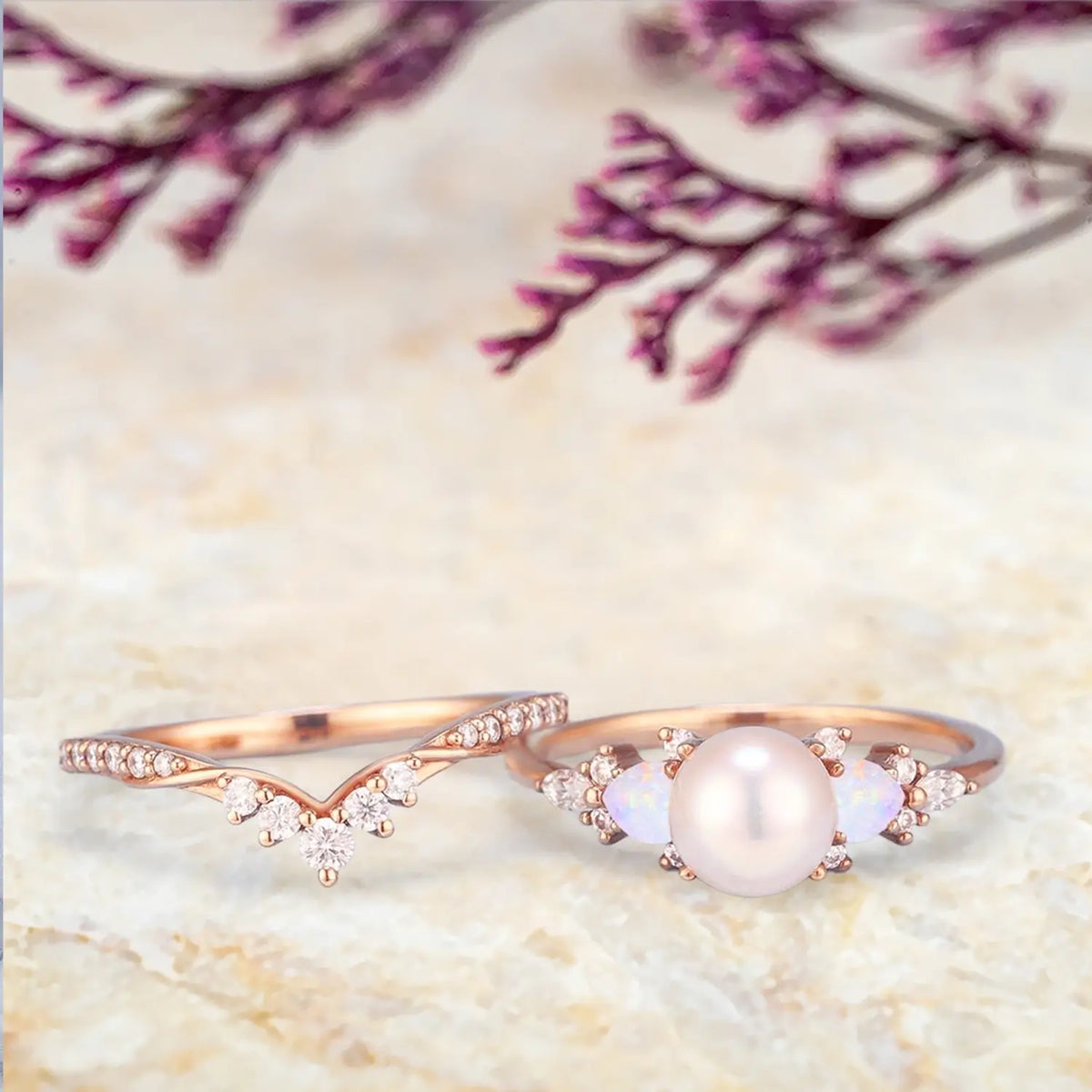 Vintage Akoya Pearl & Heart Opal Engagement Ring Set in Solid Gold