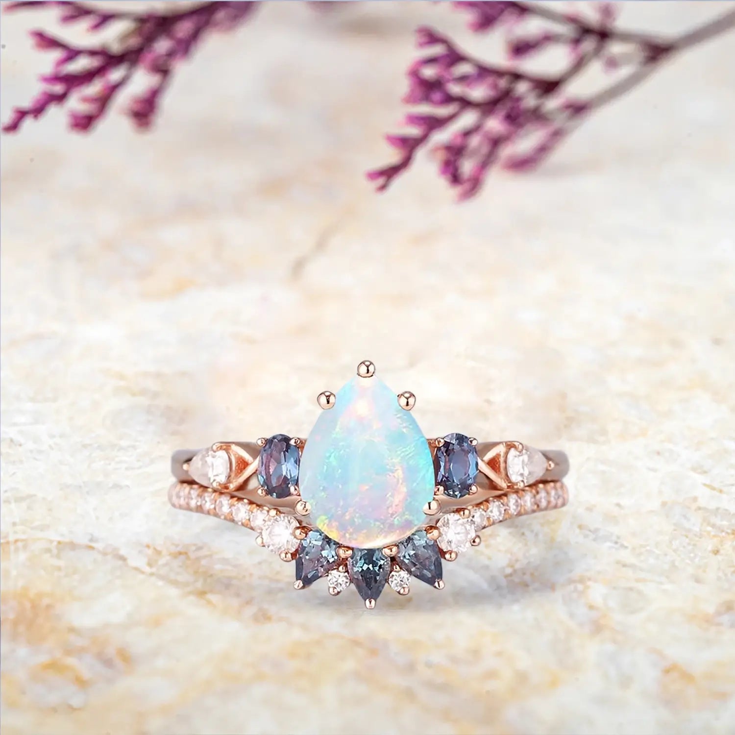 Natural Opal Engagement Ring Set with Alexandrite – Unique Art Deco Wedding Rings for Women - Pear cut gemstone