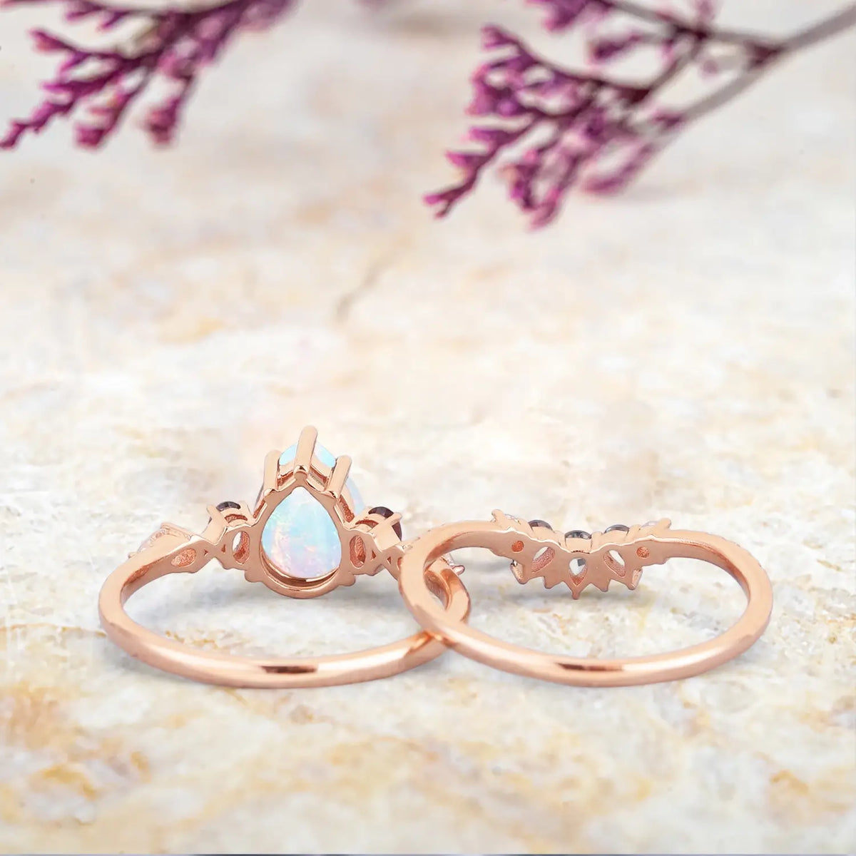 Natural Opal Engagement Ring Set with Alexandrite – Unique Art Deco Wedding Rings for Women - Pear cut gemstone