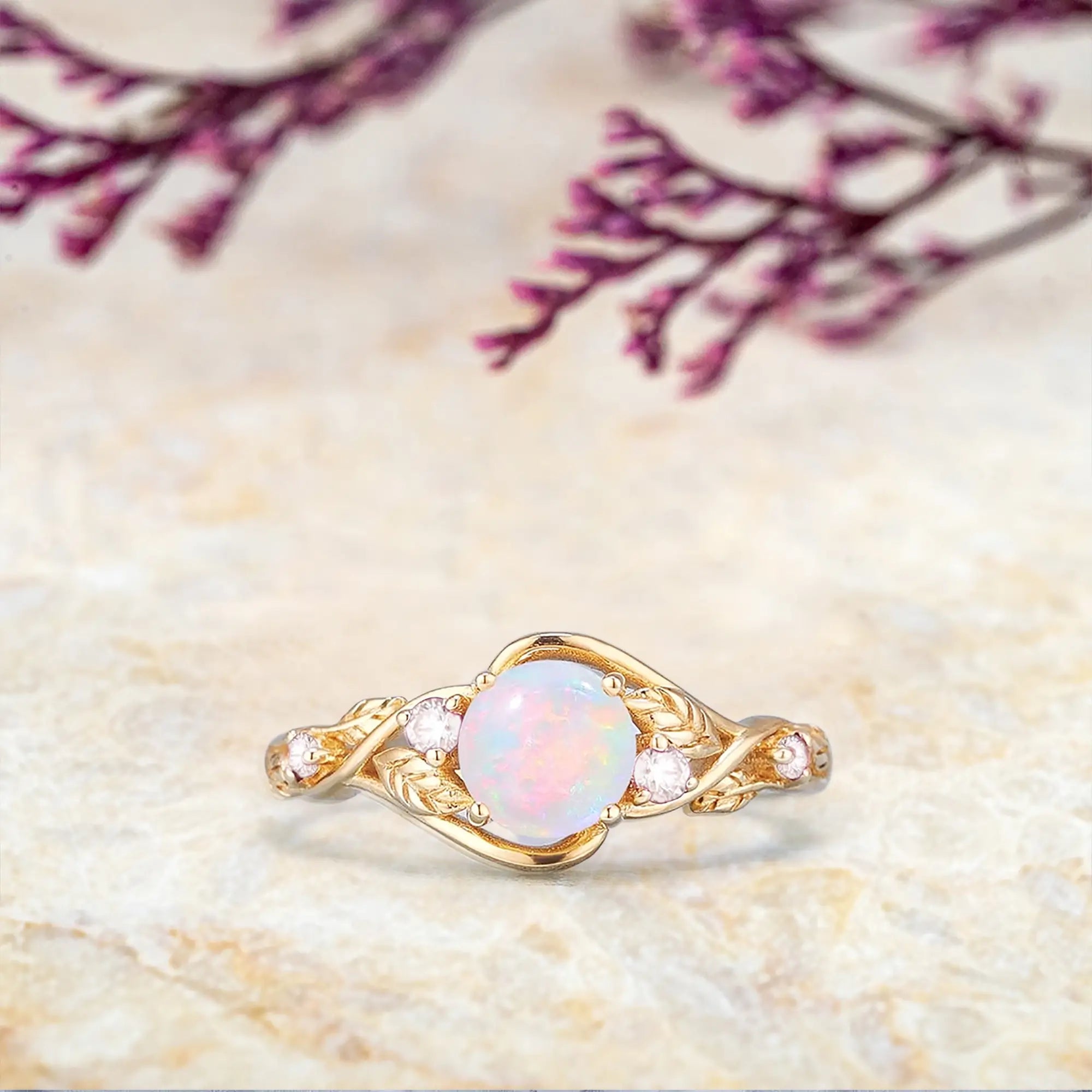 Natural Opal Engagement Ring – Twisted Leaf Ring in Solid Gold | October Birthstone Rings - 18K Yellow Gold