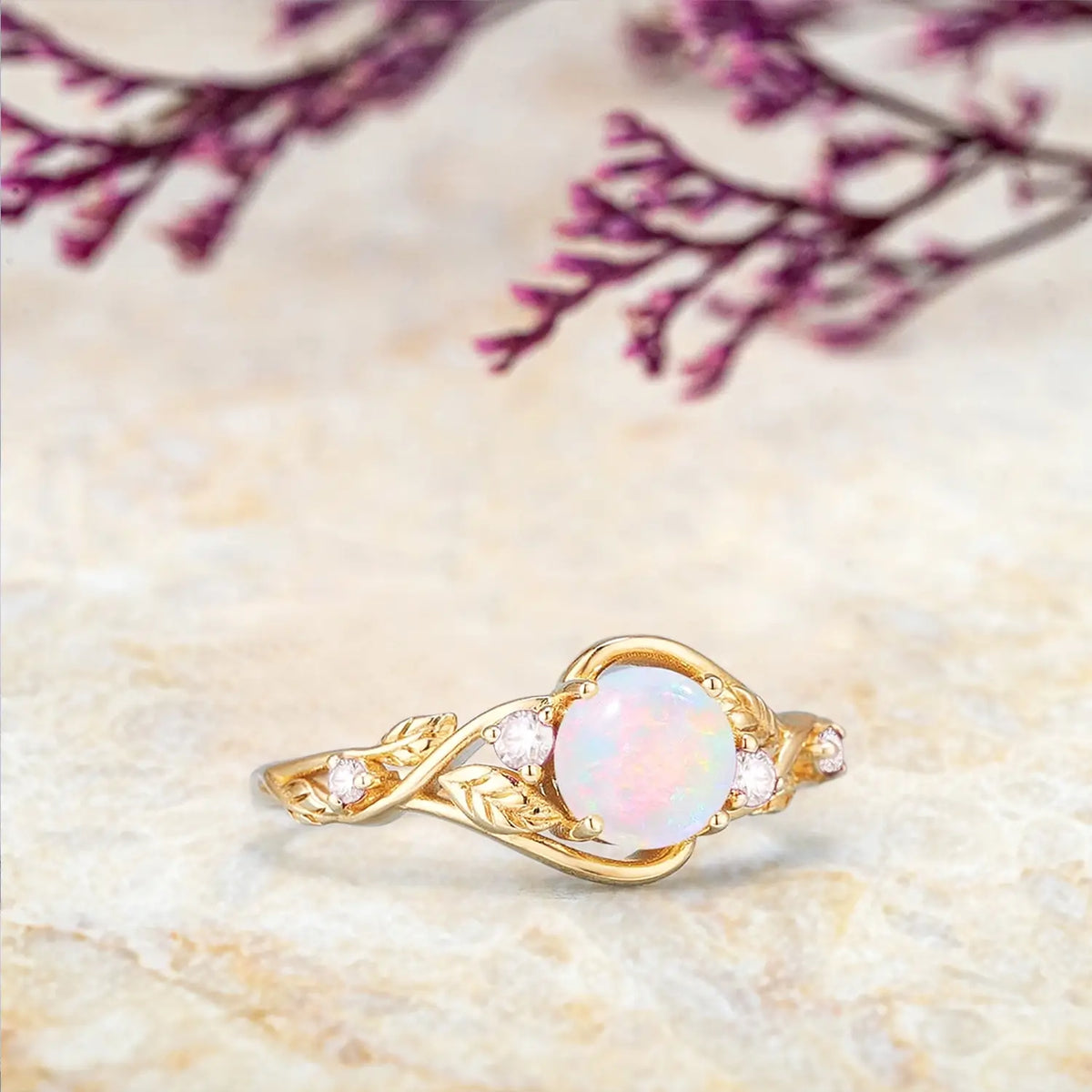 Natural Opal Engagement Ring – Twisted Leaf Ring in Solid Gold | October Birthstone Rings - 18K Yellow Gold
