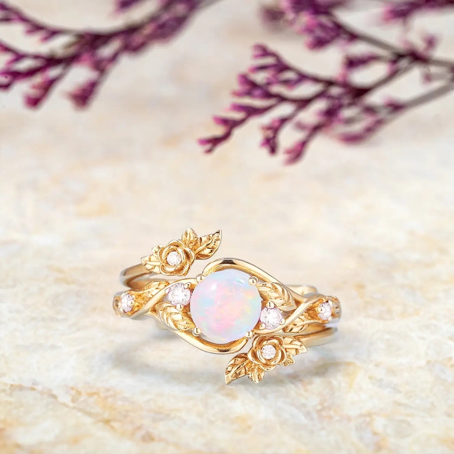 Opal Engagement Ring Set with Rosebud Flower Enhancer | Art Deco Gold October Birthstone Ring yellow gold