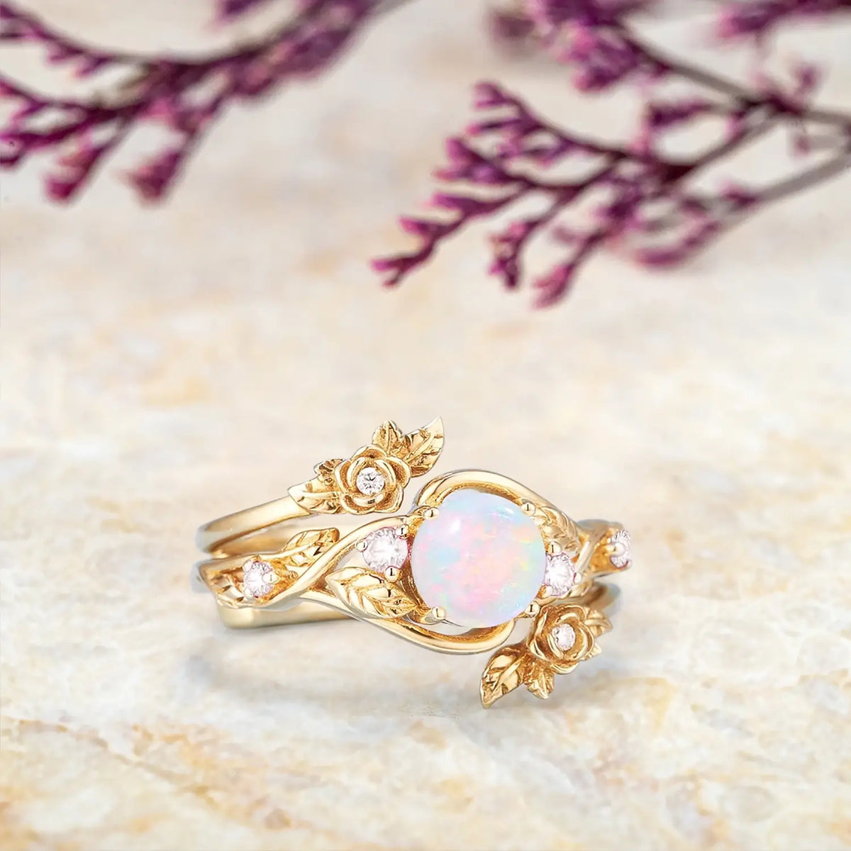 Opal Engagement Ring Set with Rosebud Flower Enhancer | Art Deco Gold October Birthstone Ring yellow gold