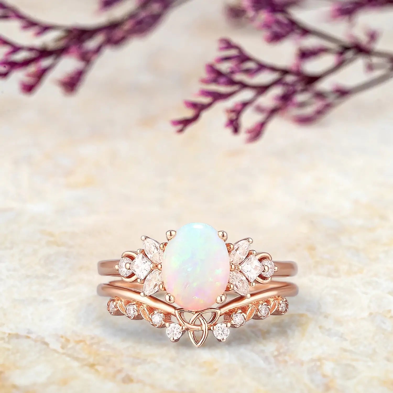 Vintage Oval Opal Engagement Ring Set | Art Deco Celtic Cluster Ring in Solid Gold | October Birthstone Bridal Set