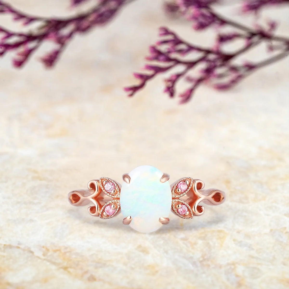 Orleone Vintage Opal Engagement Ring with Butterfly Bow Design | Handmade Solid Gold Promise Ring | October Birthstone Jewelry