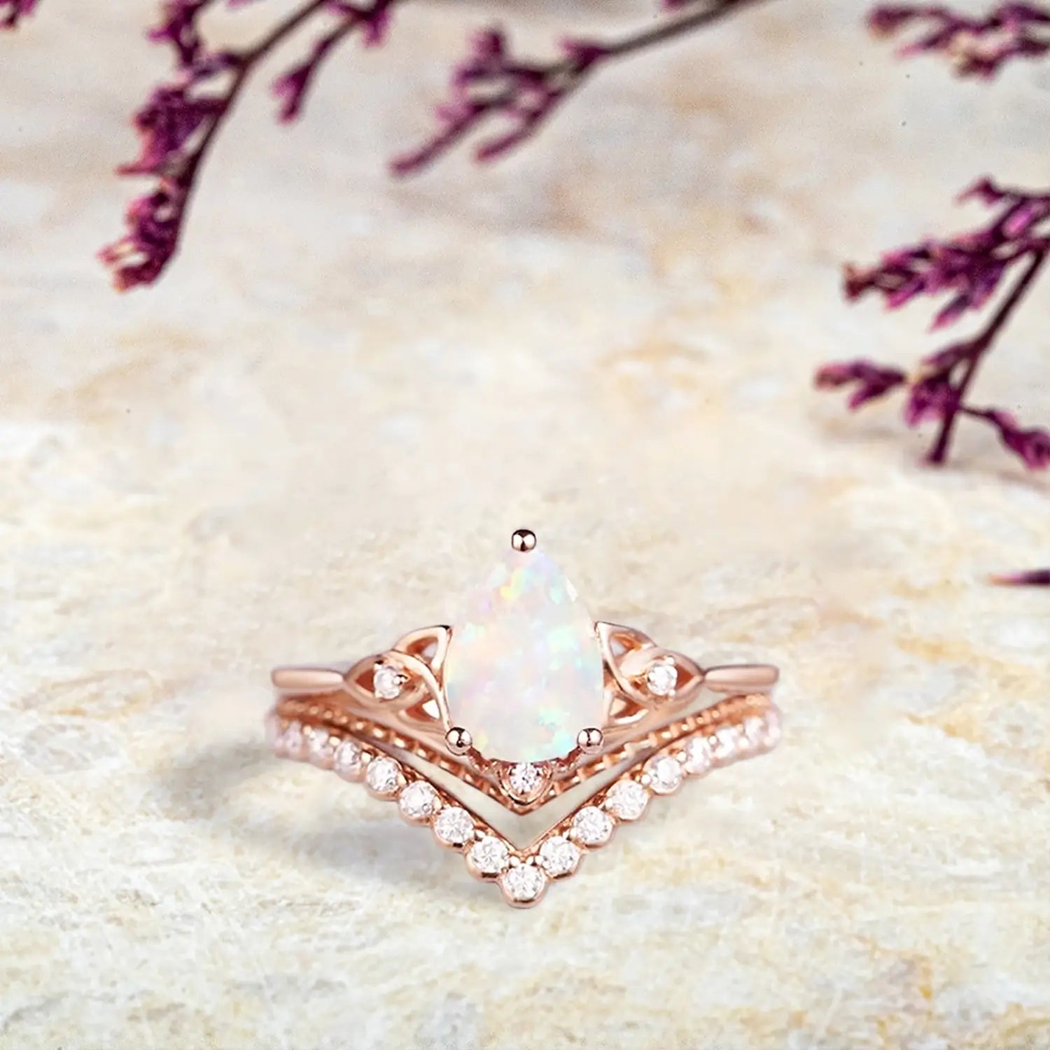 orleone Vintage Pear Cut Opal Engagement Ring Set | Art Deco Rose Gold Moissanite Wedding Ring Set | October Birthstone
