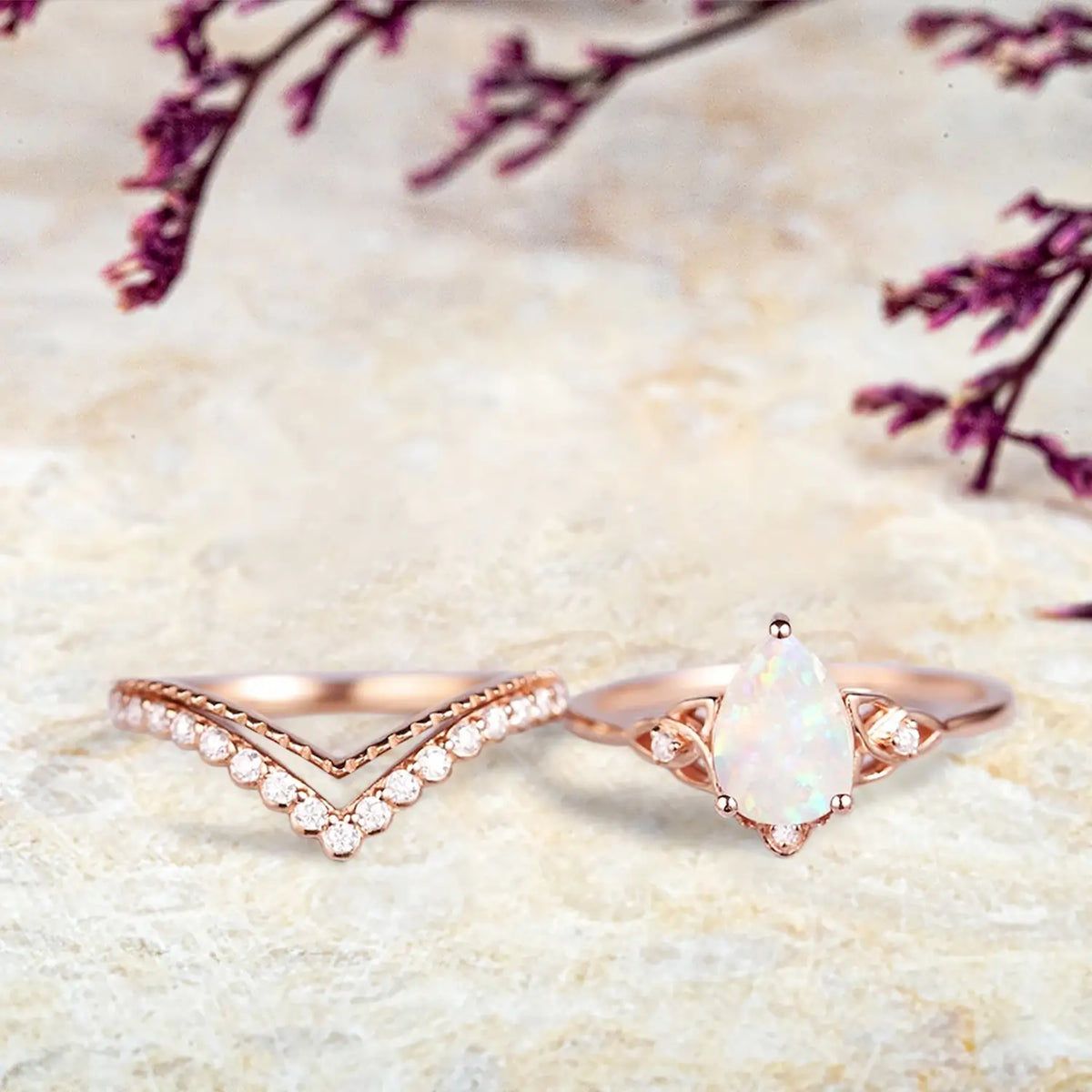 orleone Vintage Pear Cut Opal Engagement Ring Set | Art Deco Rose Gold Moissanite Wedding Ring Set | October Birthstone