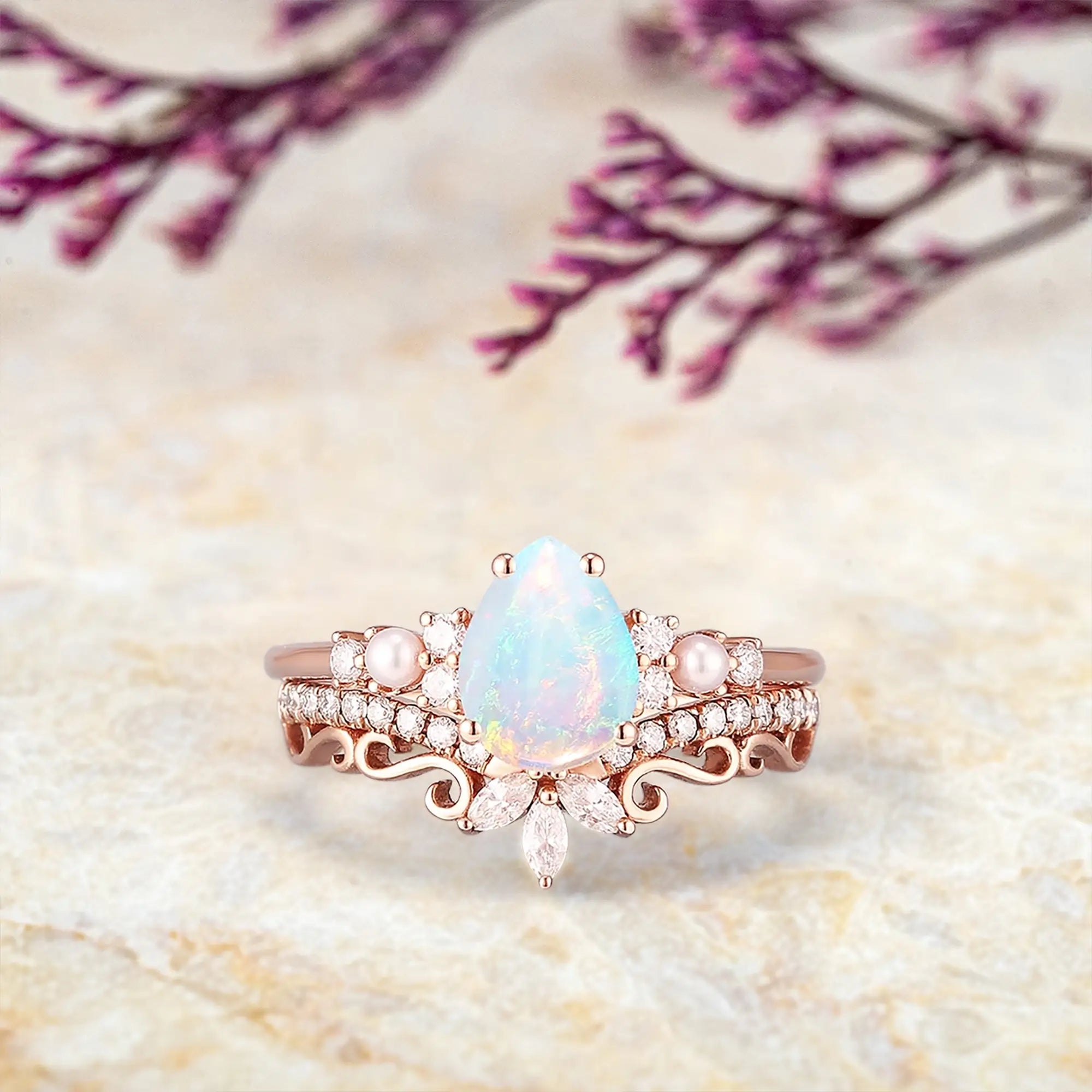 Art Deco Pear Natural Opal Engagement Ring Set | Cluster Diamond & Pearl Wedding Rings | Handmade Anniversary Gift for Her