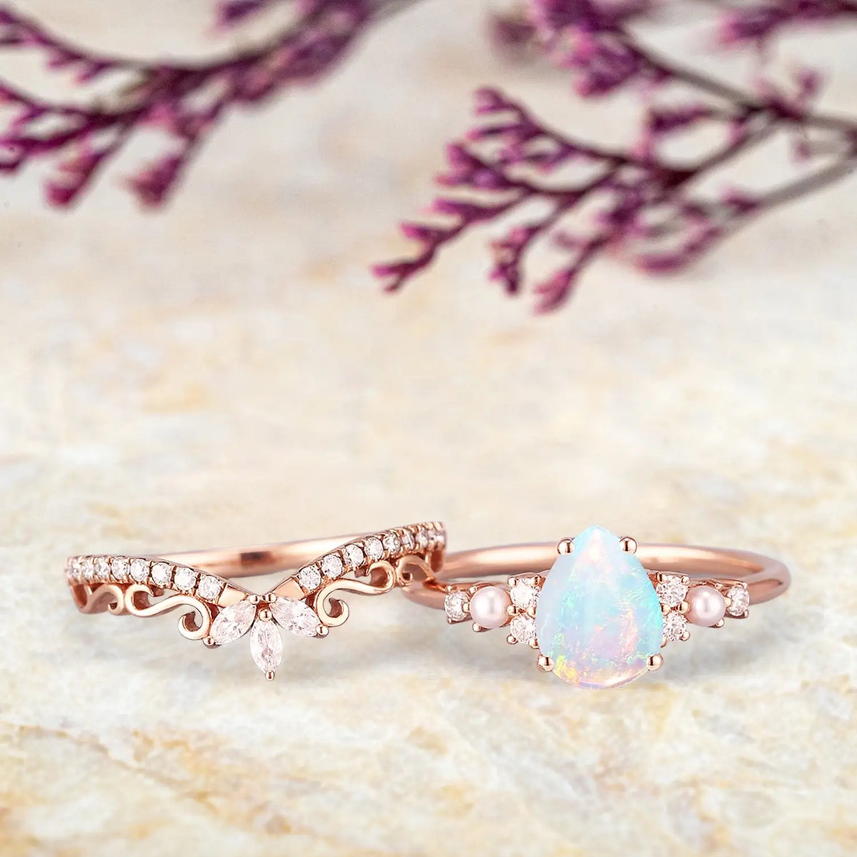 Art Deco Pear Natural Opal Engagement Ring Set | Cluster Diamond & Pearl Wedding Rings | Handmade Anniversary Gift for Her