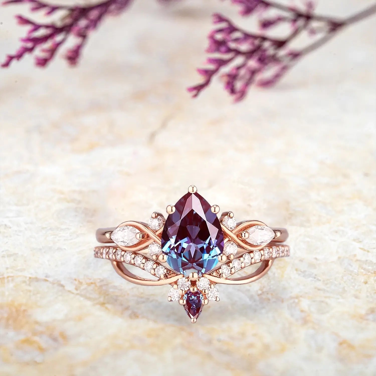 Art Deco Alexandrite Engagement Ring Set | Custom Unique Bridal Set with Moissanite | Promise Rings for Her