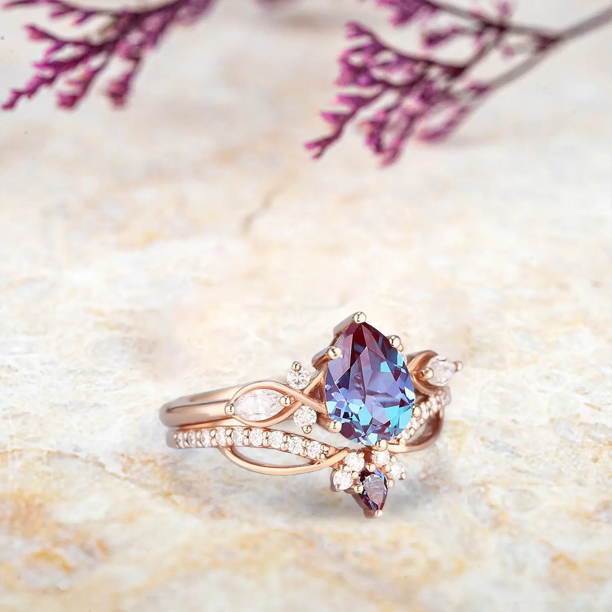 Art Deco Alexandrite Engagement Ring Set | Custom Unique Bridal Set with Moissanite | Promise Rings for Her

