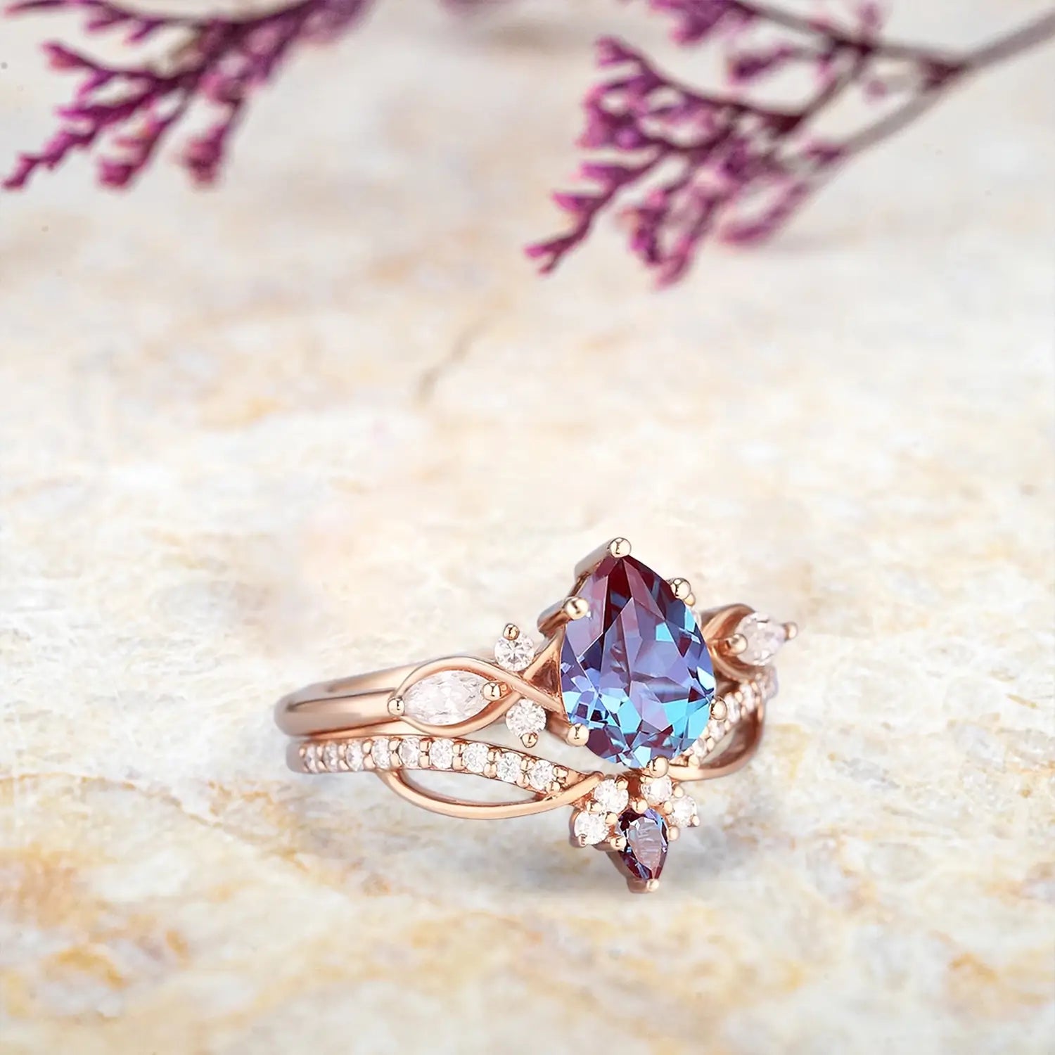 Art Deco Alexandrite Engagement Ring Set | Custom Unique Bridal Set with Moissanite | Promise Rings for Her


