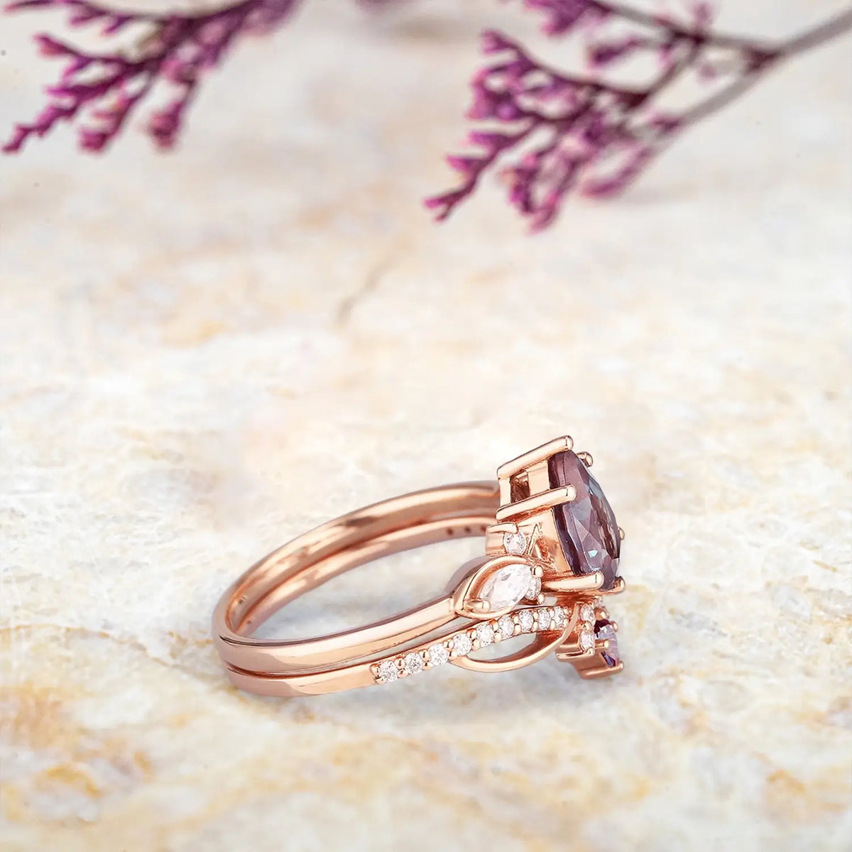 Art Deco Alexandrite Engagement Ring Set | Custom Unique Bridal Set with Moissanite | Promise Rings for Her