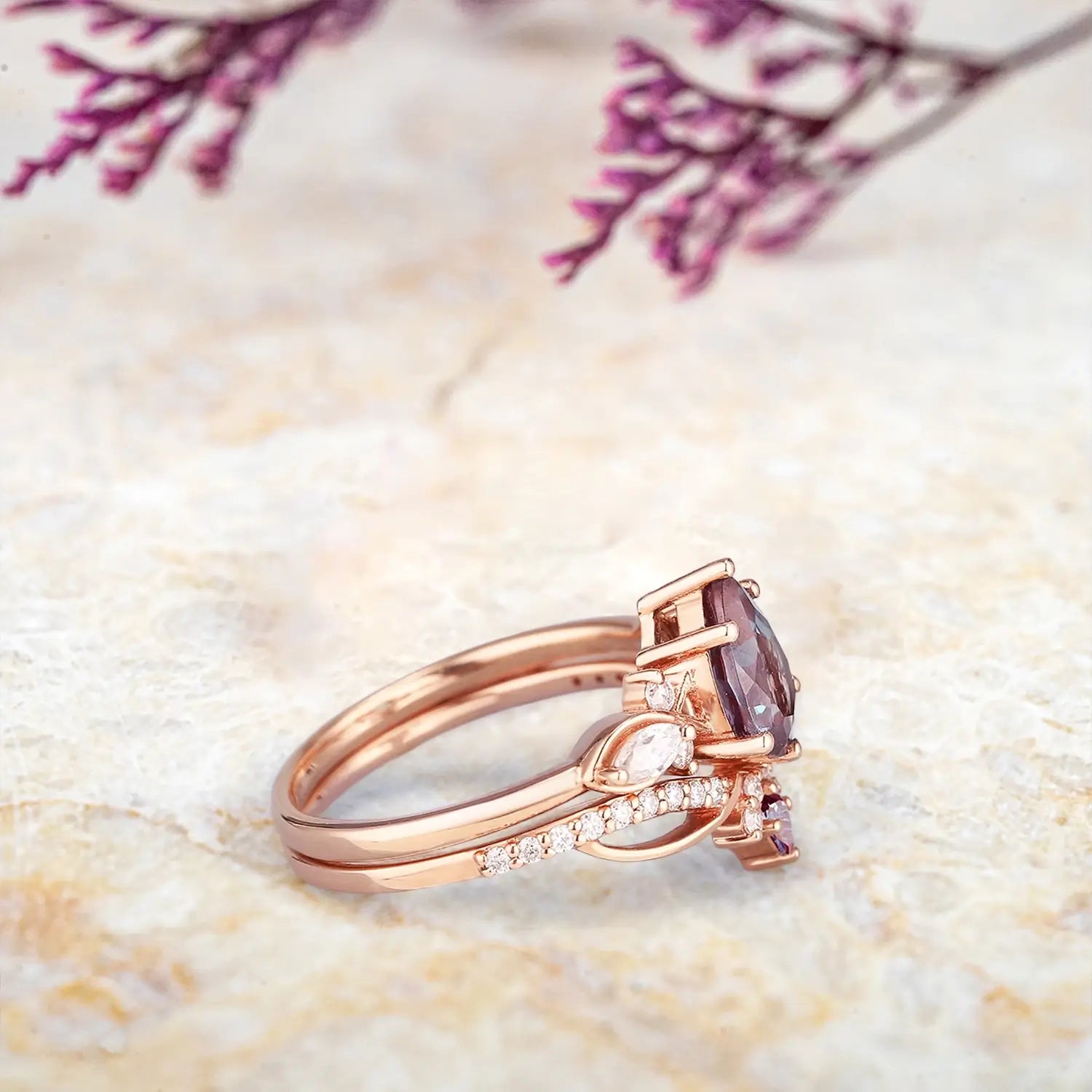 Art Deco Alexandrite Engagement Ring Set | Custom Unique Bridal Set with Moissanite | Promise Rings for Her