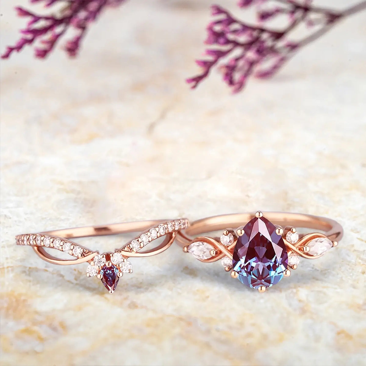 Art Deco Alexandrite Engagement Ring Set | Custom Unique Bridal Set with Moissanite | Promise Rings for Her