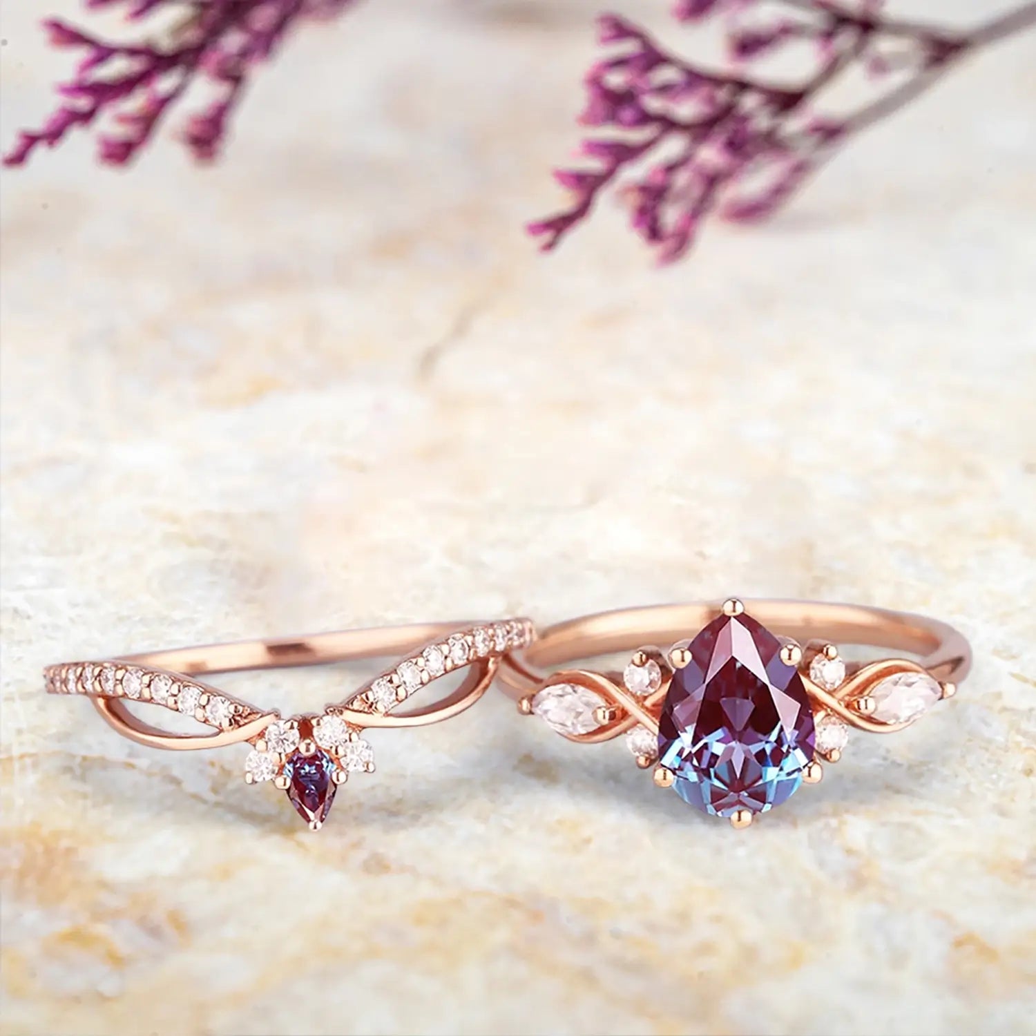 Art Deco Alexandrite Engagement Ring Set | Custom Unique Bridal Set with Moissanite | Promise Rings for Her