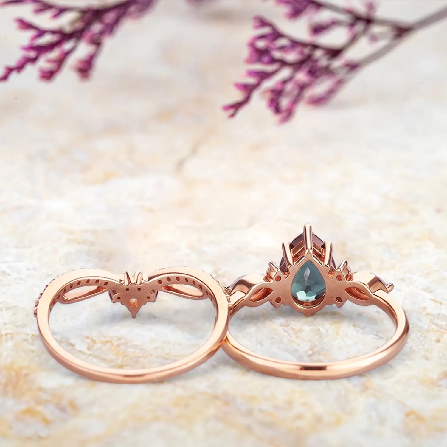 Art Deco Alexandrite Engagement Ring Set | Custom Unique Bridal Set with Moissanite | Promise Rings for Her