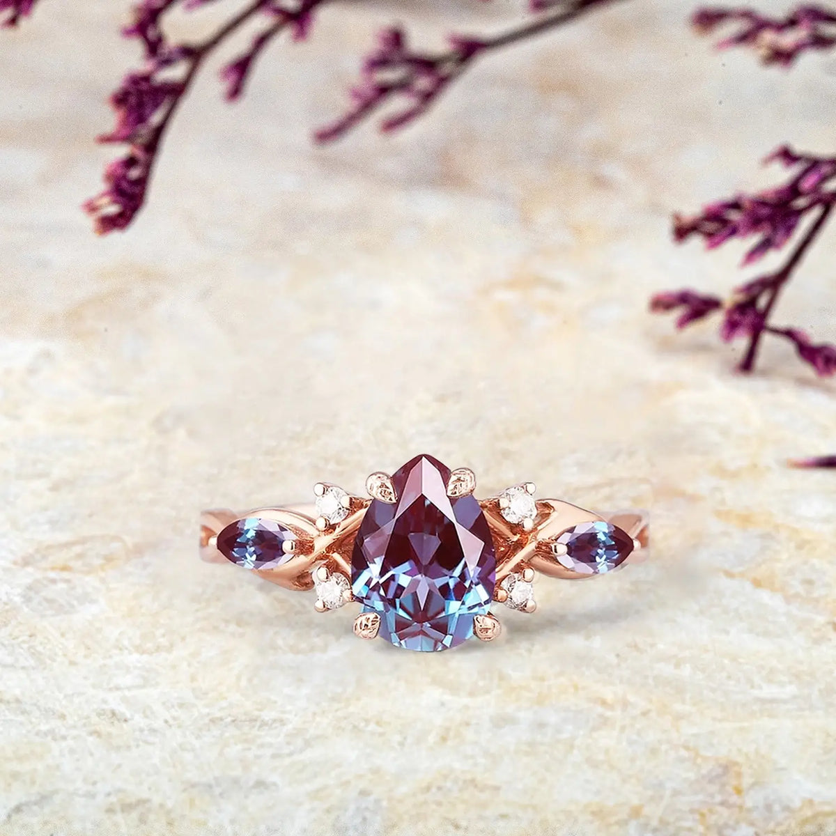 Eternal Twilight – Vintage Alexandrite Engagement Ring | Custom Unique Pear Cut Wedding Ring | Luxury Promise Rings | Custom Engraved Anniversary Ring