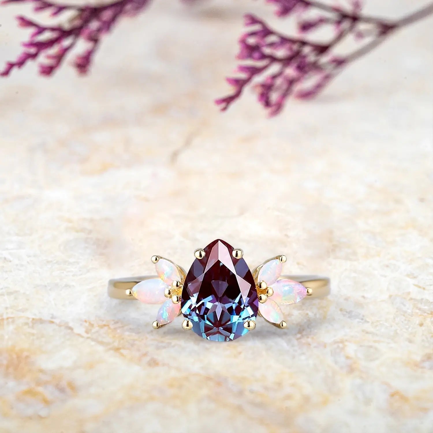 Pear Alexandrite & Opal Cluster Engagement Ring custom gold ring orleone jewelry