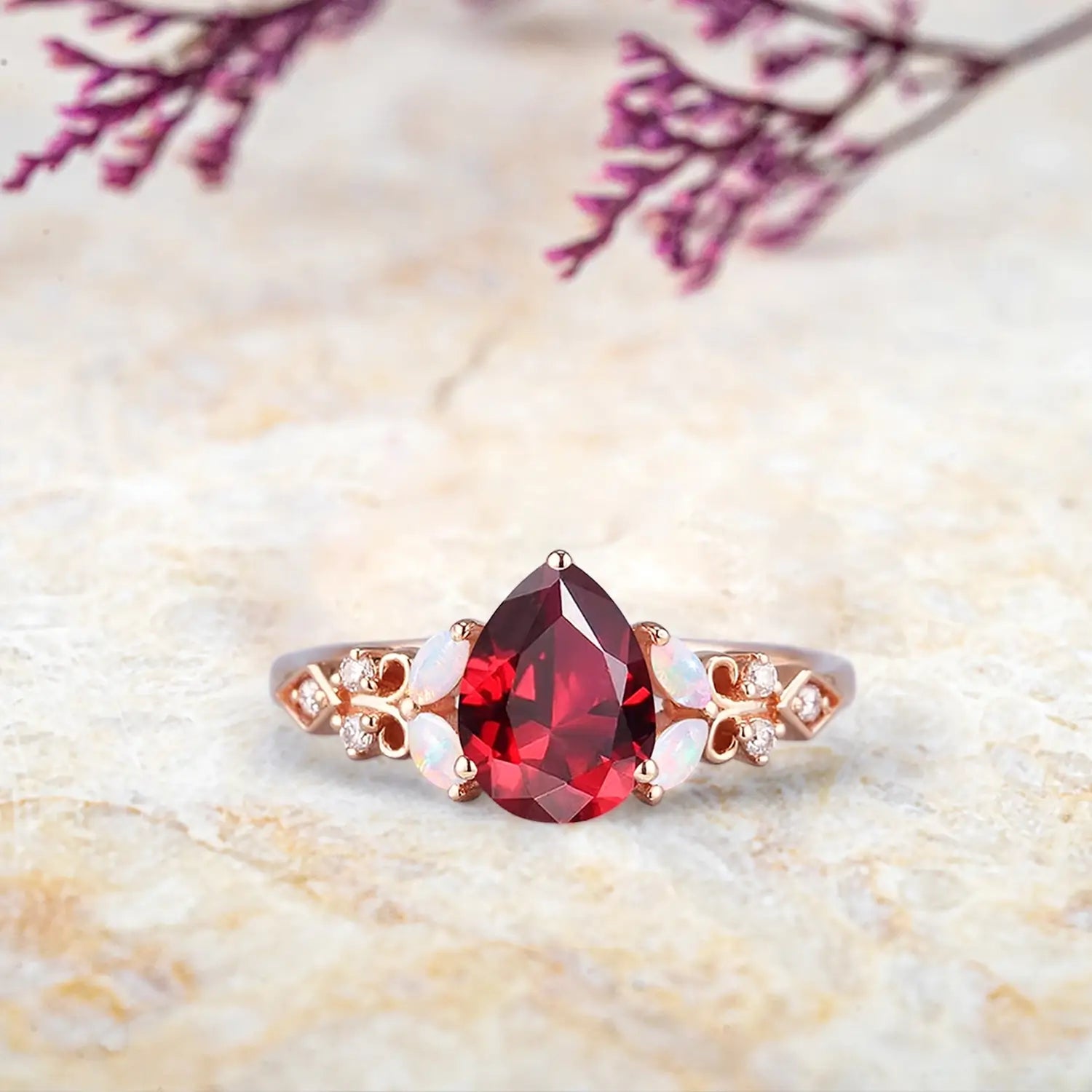 Aurelia – Vintage Ruby Engagement Ring with Opal & Diamond Accents | July Birthstone Ring