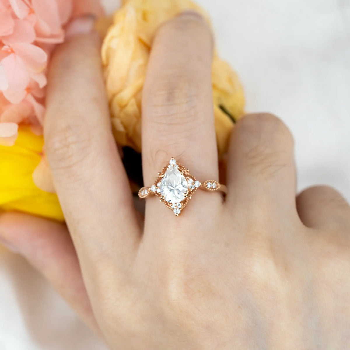 Vintage Pear-Cut Moissanite Ring – Custom Engagement Rings for women anniversary gift