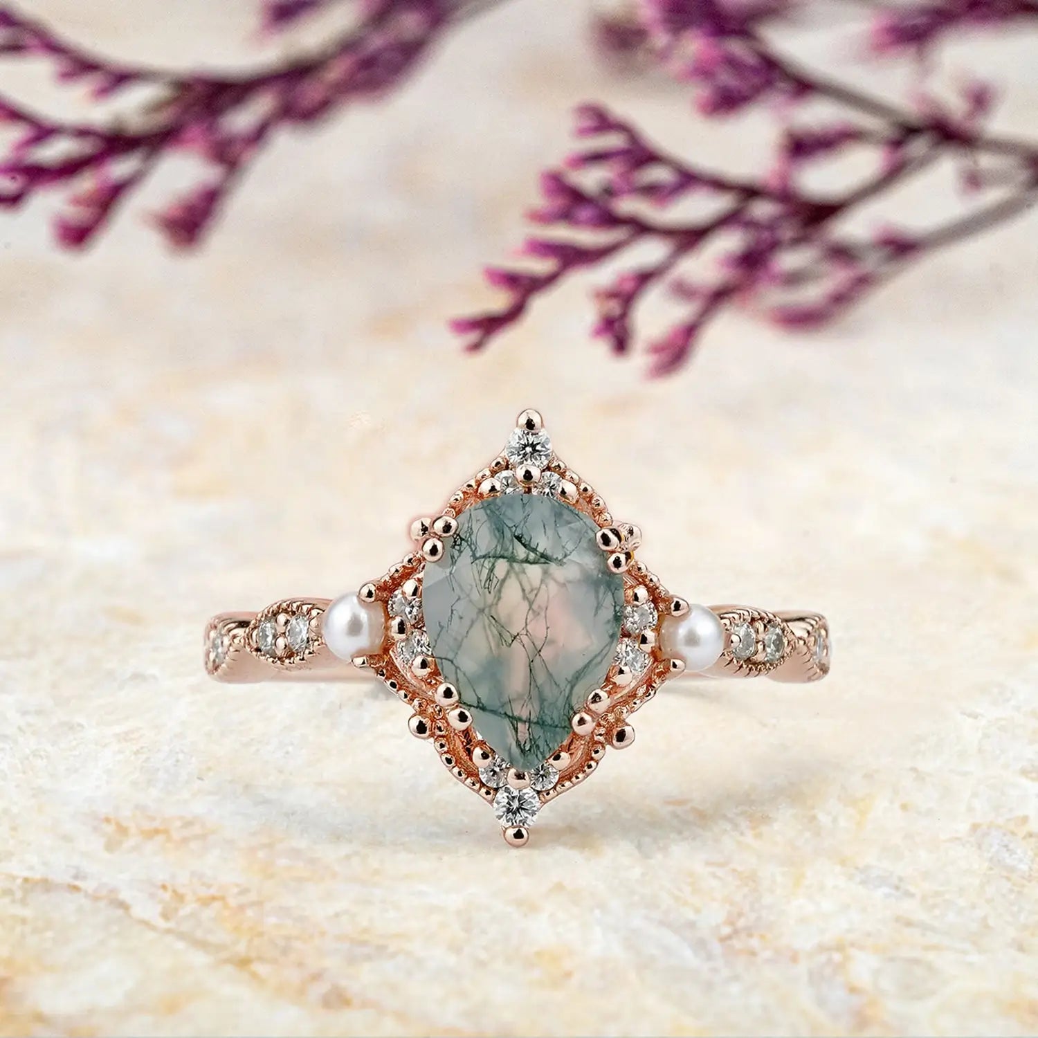 Vintage Pearl & Moss Agate Engagement Ring Timeless Elegance | Handmade custom 18k gold rings