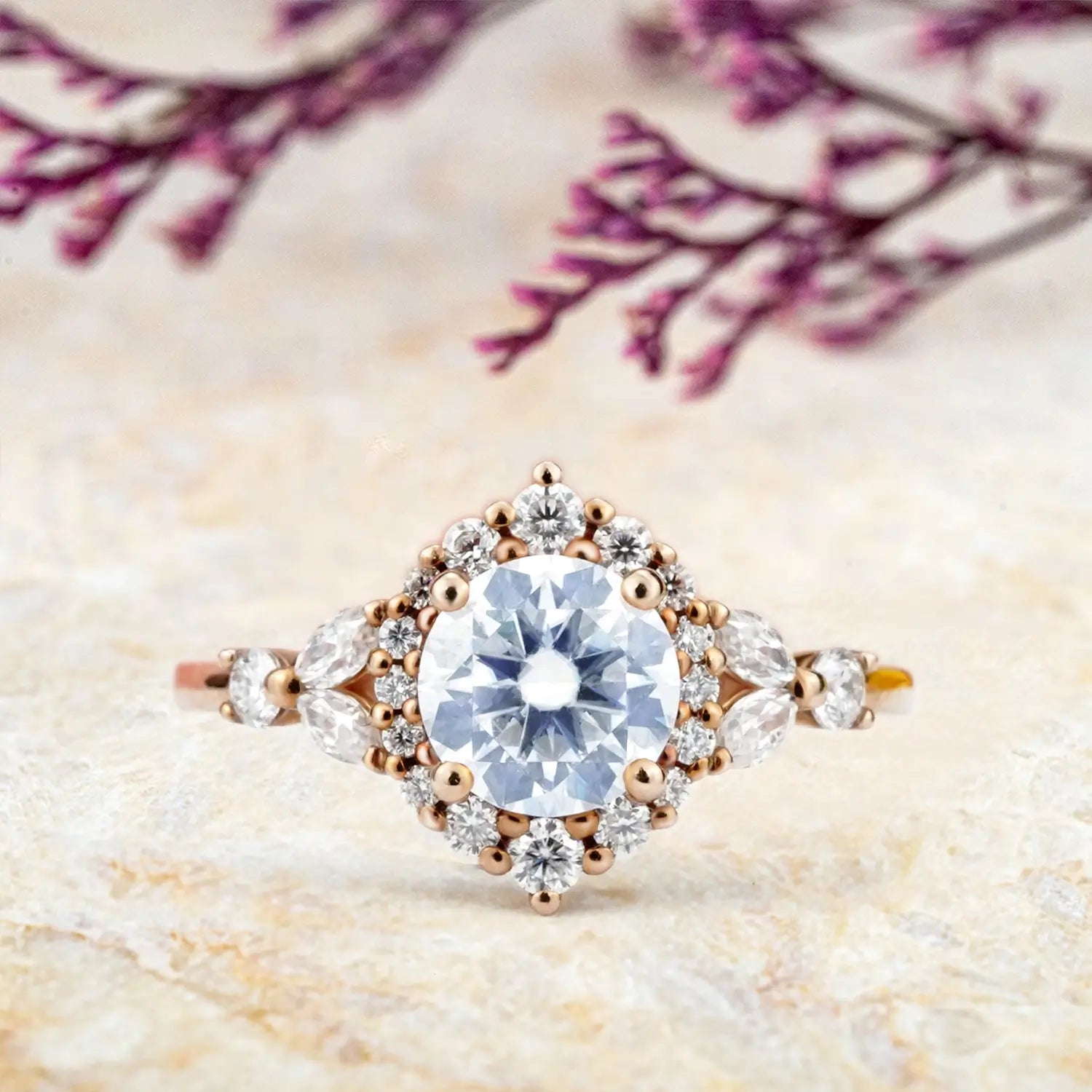 Floral Moissanite Halo Engagement Ring Timeless Luxury Jewelry | Orleone custom 18k rose gold ring