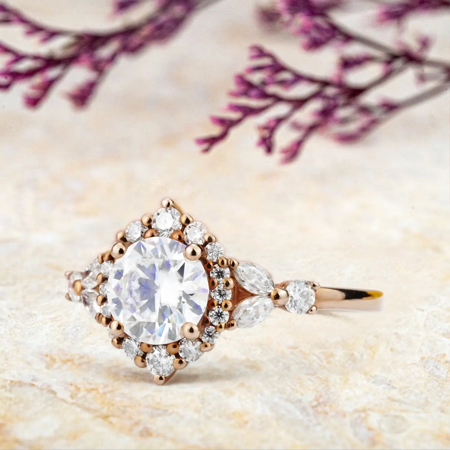 Floral Moissanite Halo Engagement Ring Timeless Luxury Jewelry | Orleone custom 18k rose gold ring