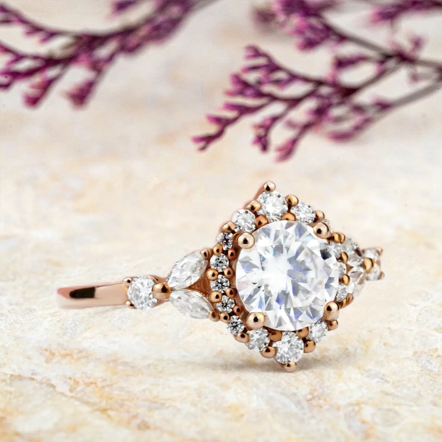 Floral Moissanite Halo Engagement Ring Timeless Luxury Jewelry | Orleone custom 18k rose gold ring