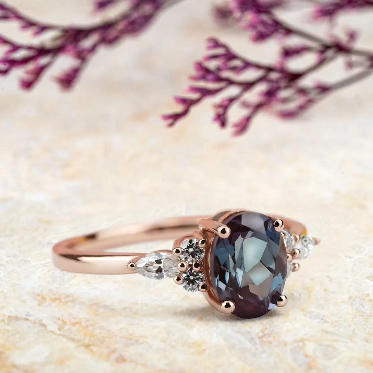 Oval Alexandrite Cluster Engagement Rings Timeless & Elegant June Birthstone Ring for women promise gift