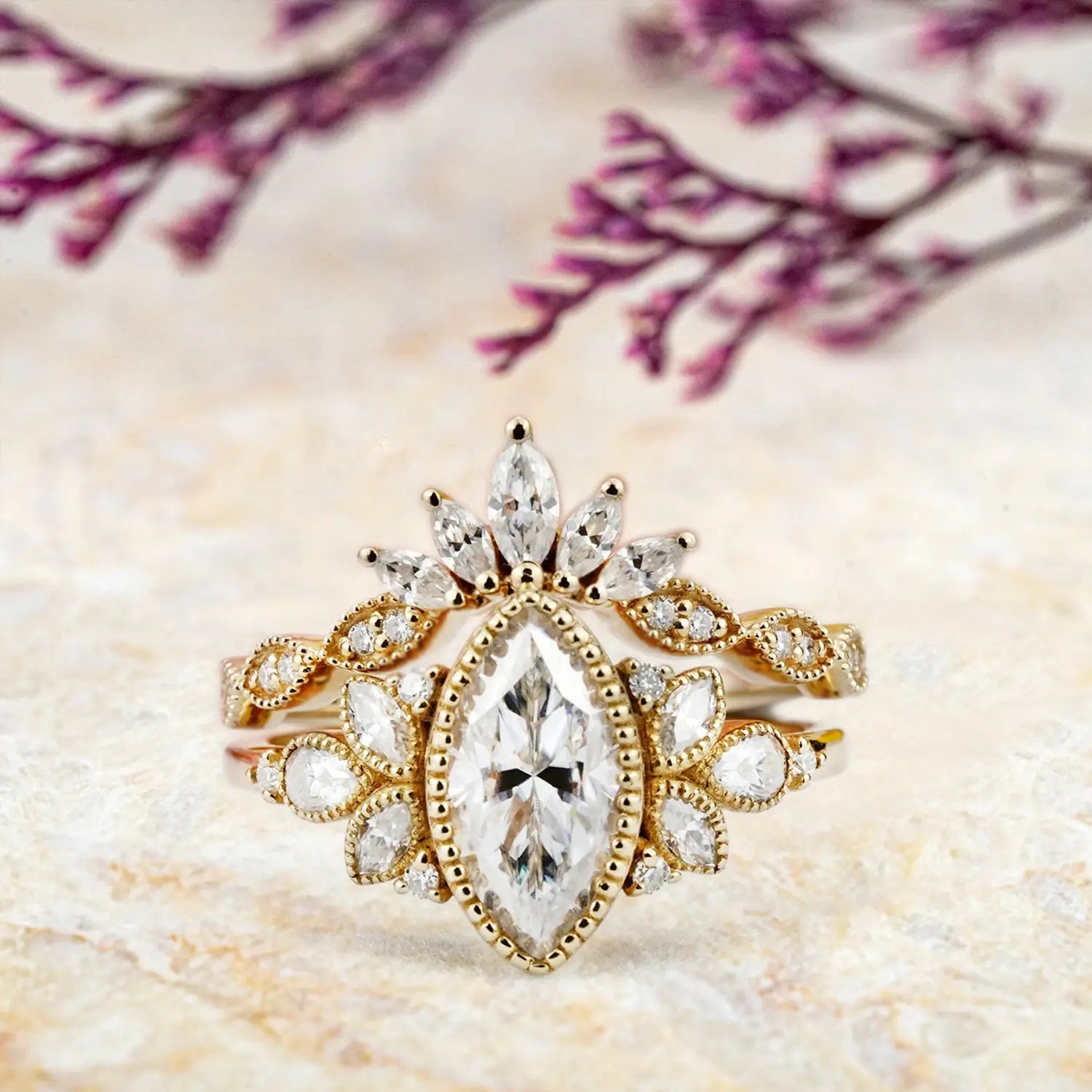 Vintage Marquise Moissanite Bridal Set – Nature-Inspired Engagement Ring custom handmade jewelry 18k gold