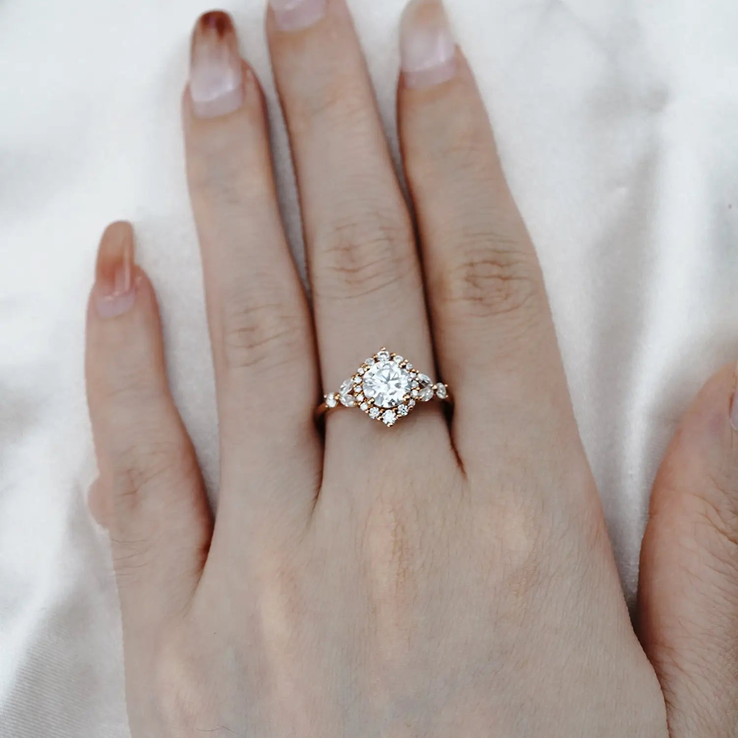 Floral Moissanite Halo Engagement Ring Timeless Luxury Jewelry | Orleone custom 18k rose gold ring