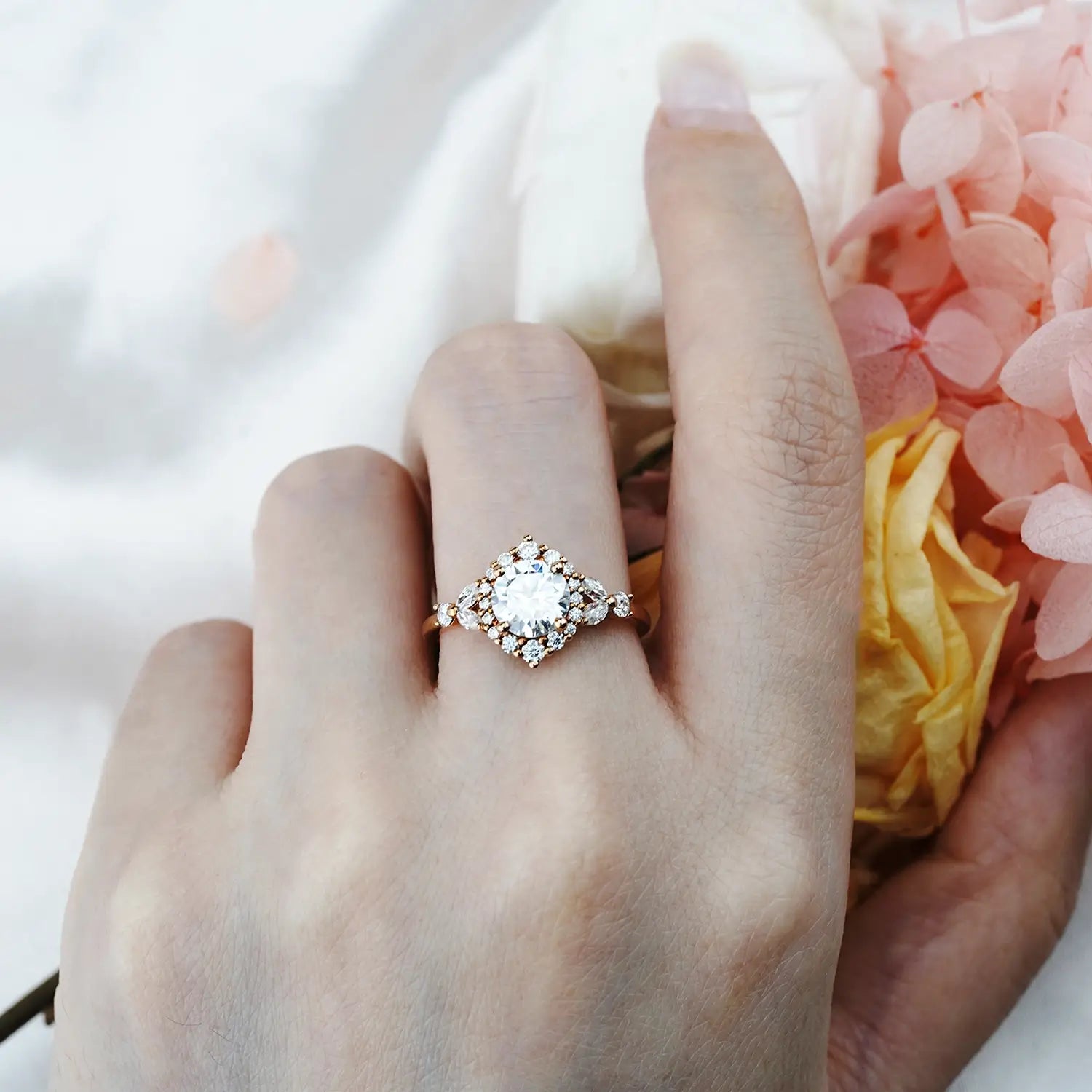 Floral Moissanite Halo Engagement Ring Timeless Luxury Jewelry | Orleone custom 18k rose gold ring