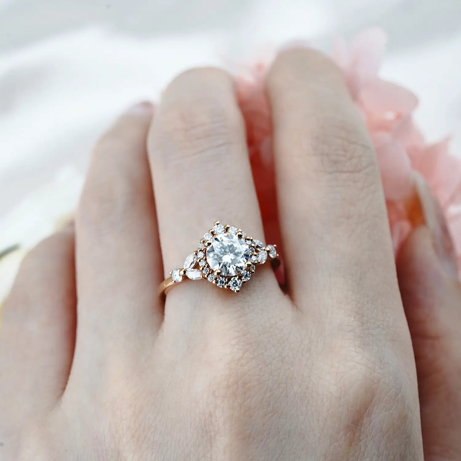 Floral Moissanite Halo Engagement Ring Timeless Luxury Jewelry | Orleone custom 18k rose gold ring