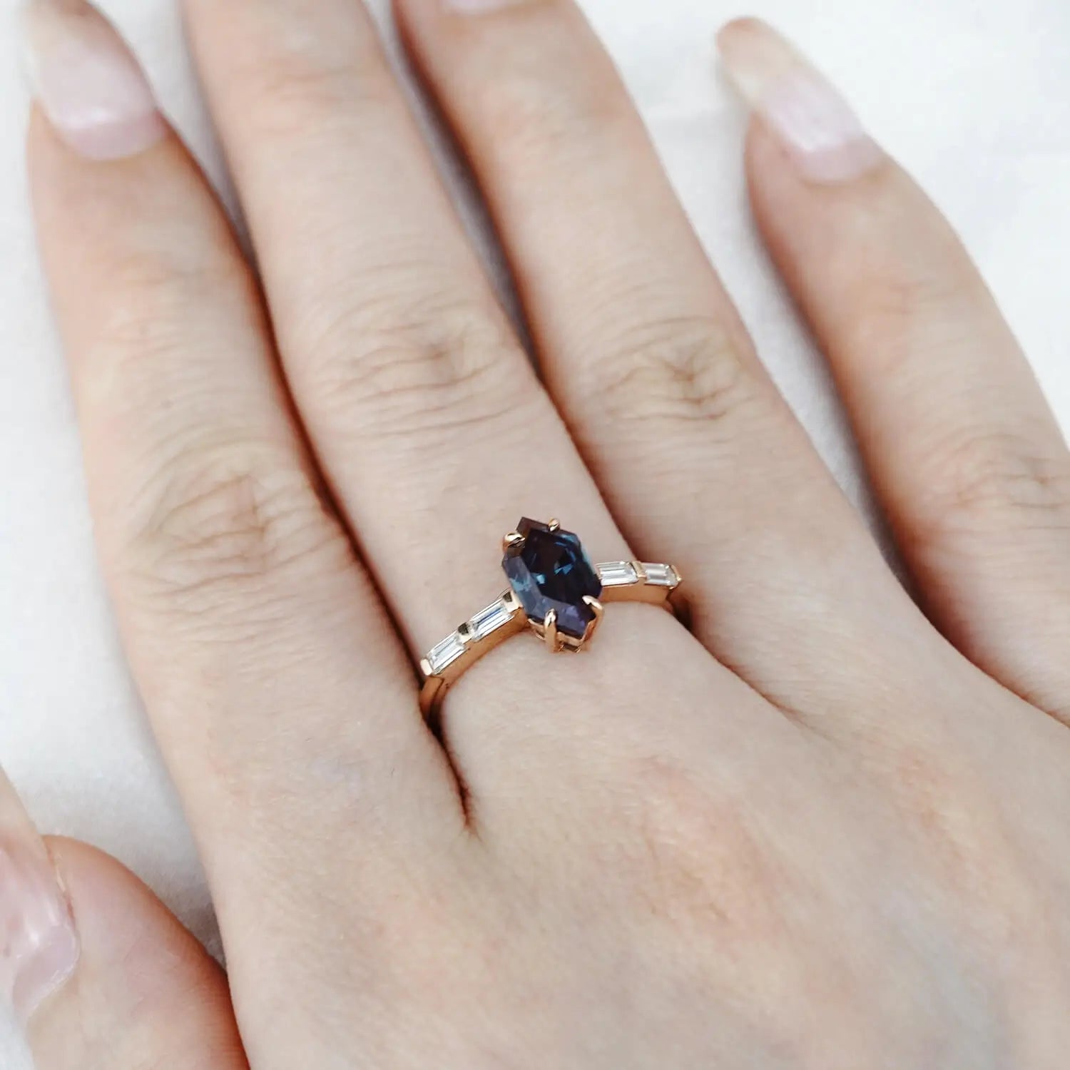 Minimalist Hexagonal Alexandrite Engagement Rings June Birthstone Ring